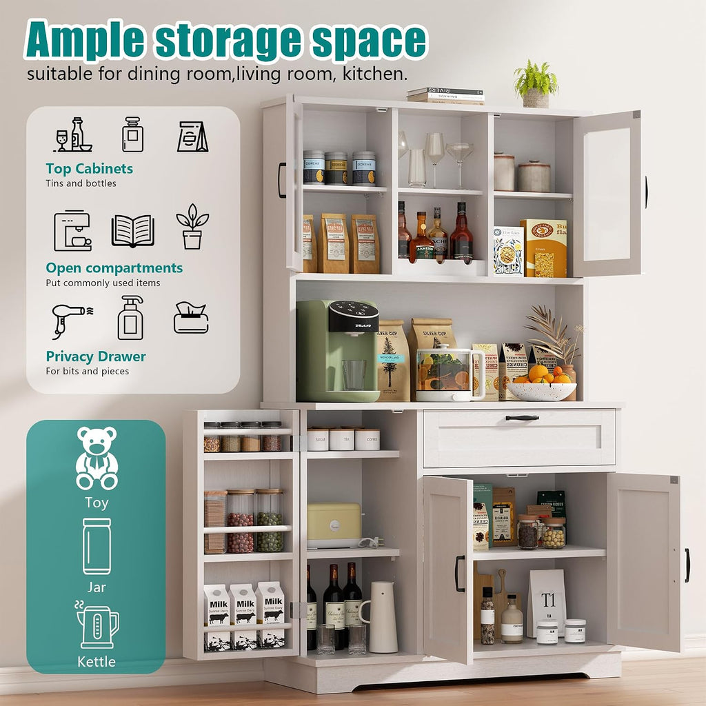 Vongrasig Kitchen Pantry Cabinet, Large Kitchen Hutch Formhouse Storage Cabinet With Microwave Stand, Tall Food Pantry For Dining Room, Living Room, White