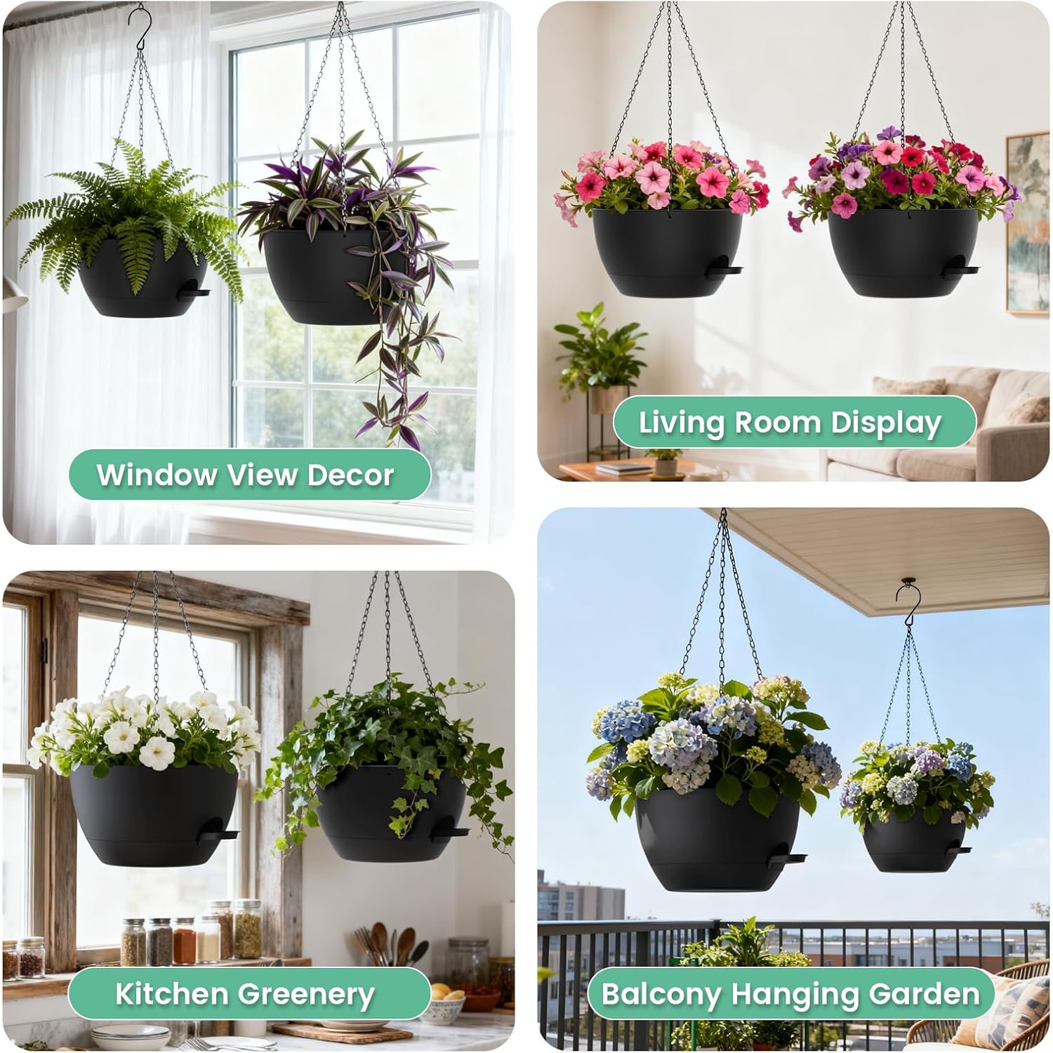 Uouz 13 Inch 2 Pack Large Self Watering Hanging Planters For Indoor Outdoor Plants, Hanging Plant Pots With Removable 50 Oz Reservoir, Plastic Hanging Basket For Window Porch Garden Balcony, Black
