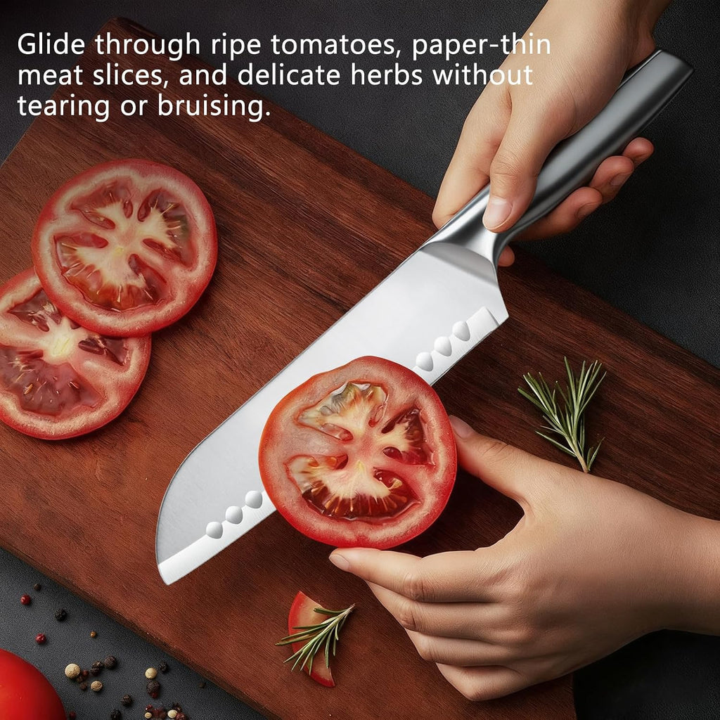 Santoku Knife, 7 Inch Chef'S Knife Kitchen Knife With Razor Sharp High-Carbon German Steel, Ergonomic Non-Slip Handle For Slicing, Dicing, Chopping Meat & Vegetables, Ideal For Kitchens & Home Cooking