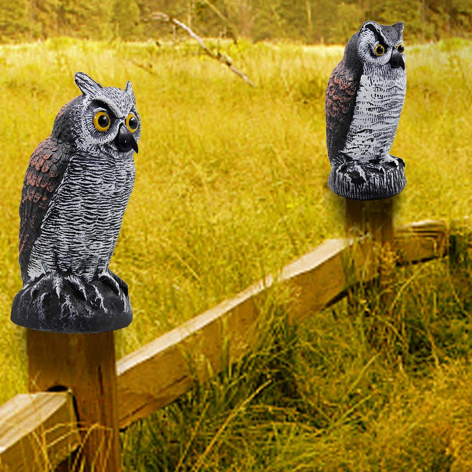 2 Pack Fake Horned Owl Bird Scarecrow Decoy 10.5 Inch Height, Plastic Deterrents, Halloween Decoration, Nature Enemy Pest Repellent For Outdoor Garden Yard