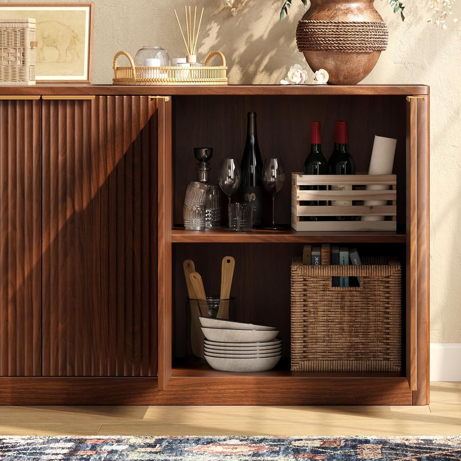 Evermagin 67" Fluted Walnut Buffet Cabinet Sideboard With Storage, Large Credenza With 6 Doors, Wood Mid Century Modern Sideboard For Kitchen And Living Room (67" W*31.5" H*15.7" D)