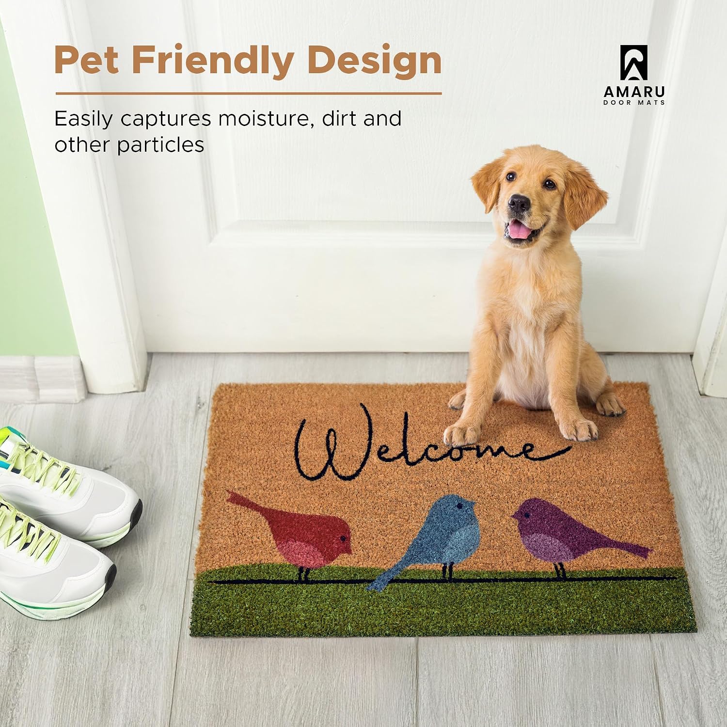 Coir Welcome Mat, Non-Slip, Colorful Birds, 17 X 29 In | Traps Dirt And Mud, Anti-Shedding, Durable Pvc Backing, 100% Natural Coir, Indoor And Outdoor Entryway, Easy To Clean