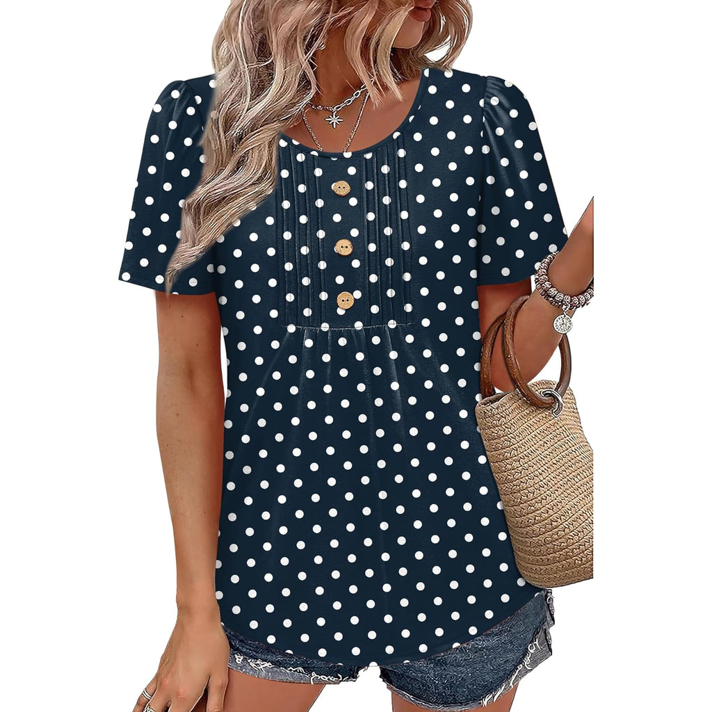 Womens Tops Dressy Casual Blouses Short Sleeve Shirts Plus Size Fashion Clothing Spring Summer Outfits Button Pleated Front