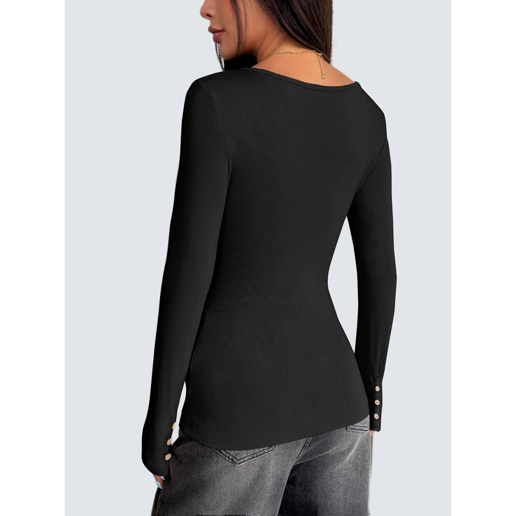 Zeagoo Womens Long Sleeve Henley T Shirts Button Ribbed Knit Slim Fitted Tee Tops Basic Casual Work Blouse Xs-Xxl