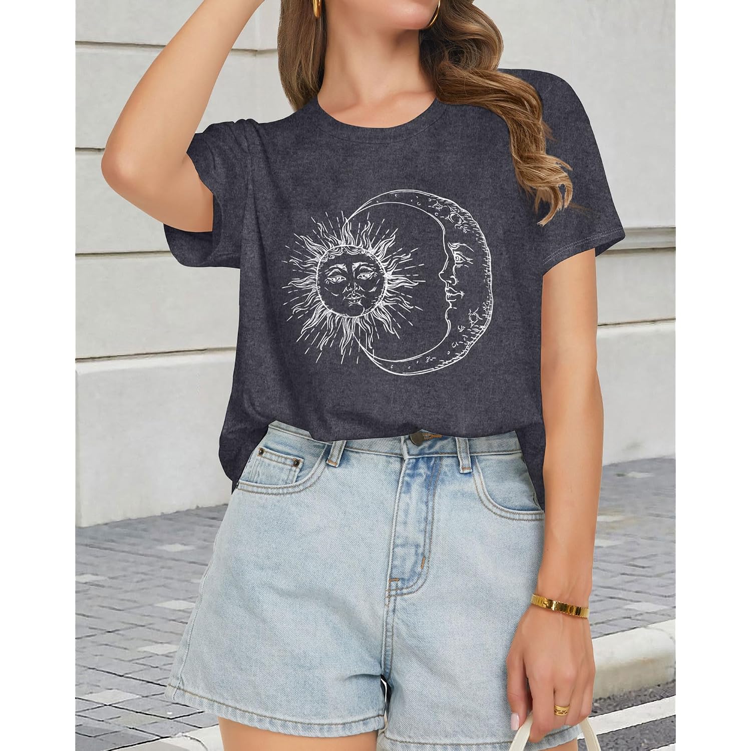 T Shirts for Women Summer Short Sleeve Crewneck Casual Cute Graphic Basic Tees Tops 2026 A Deep Grey Moon
