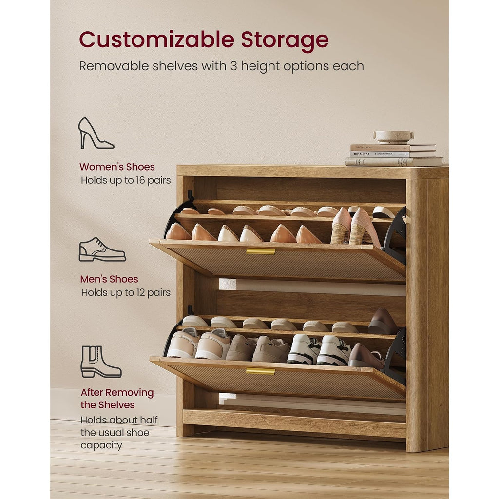 Vasagle Ellan Collection - Boho Shoe Storage Cabinet For Entryway Slim, Entry Shoe Cabinet With Rattan-Look Flip Drawers, Rounded Corners, Narrow For Entrance, Natural Brown Uhsc601Kc01
