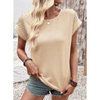 Dokotoo Womens Summer Tops 2026 Waffle Knit Lace Hollow Out Short Sleeve T-Shirts Crewneck Casual Loose Basic Tee Blouses