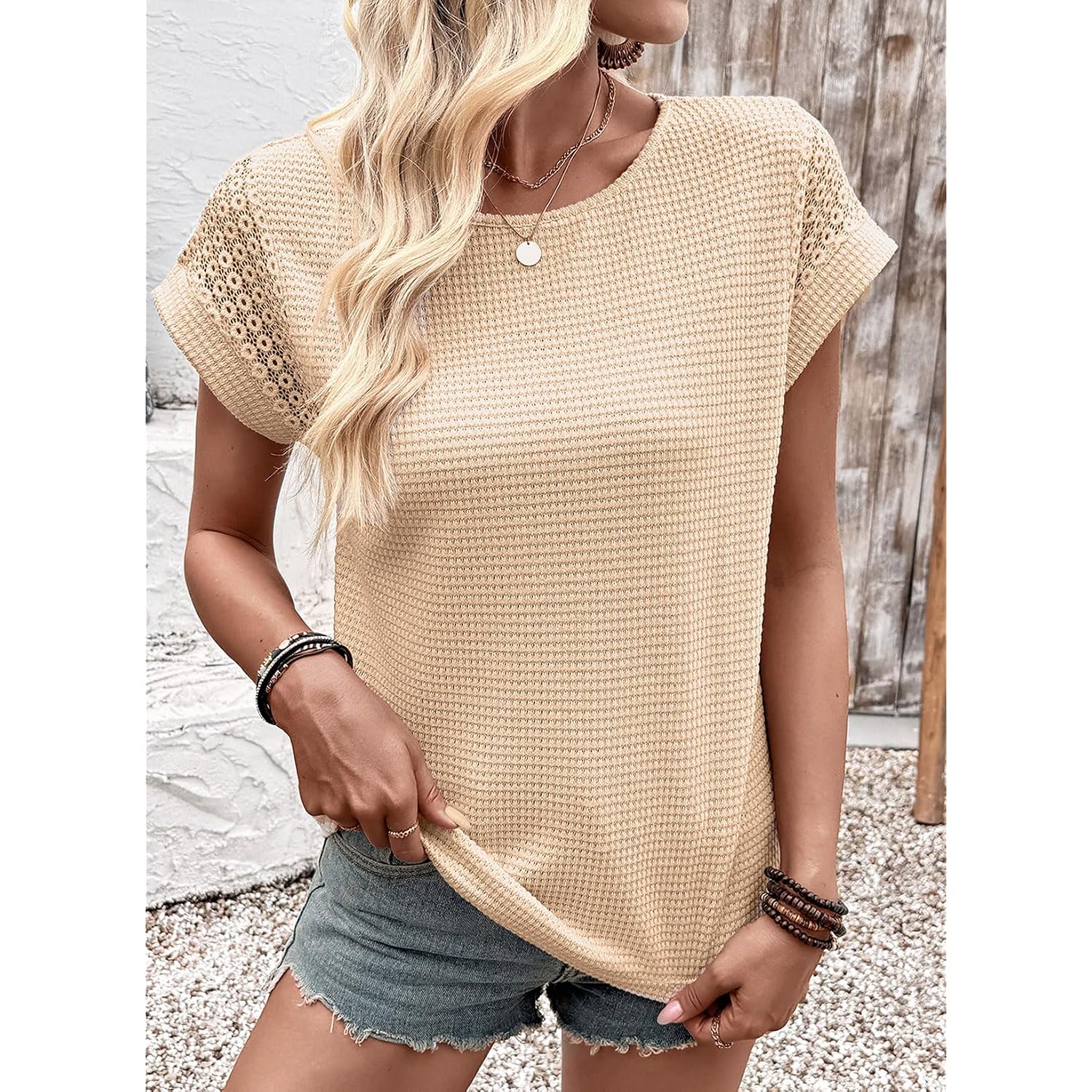 Dokotoo Womens Summer Tops 2026 Waffle Knit Lace Hollow Out Short Sleeve T-Shirts Crewneck Casual Loose Basic Tee Blouses