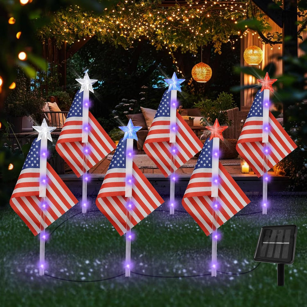 4Th Of July Decorations Outdoor American Flag Lights, 6-Pack Red White And Blue Solar Stars Lights With 6 Usa Flags & 30Led,Bright Patriotic Pathway Lights For Memorial Day Yard Lawn Decor