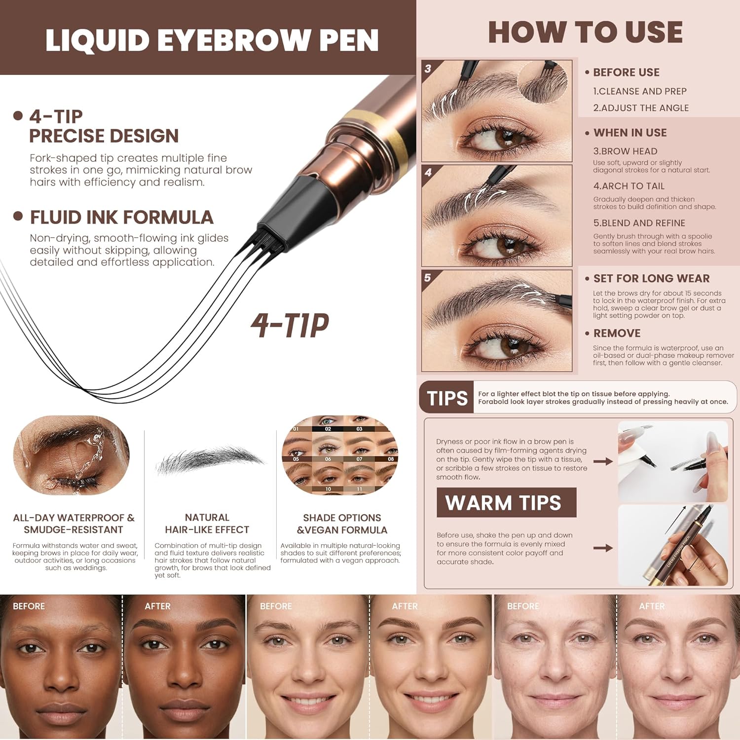 2 Pack Eyebrow Pen, Waterproof Microblading Eyebrow Pencil, 4 Tip Precise Eye Brow Makeup Pen for Women to Effortlessly Create Hair Like Natural Brows, Non Dry Out and Last All Day (Dark Brown)