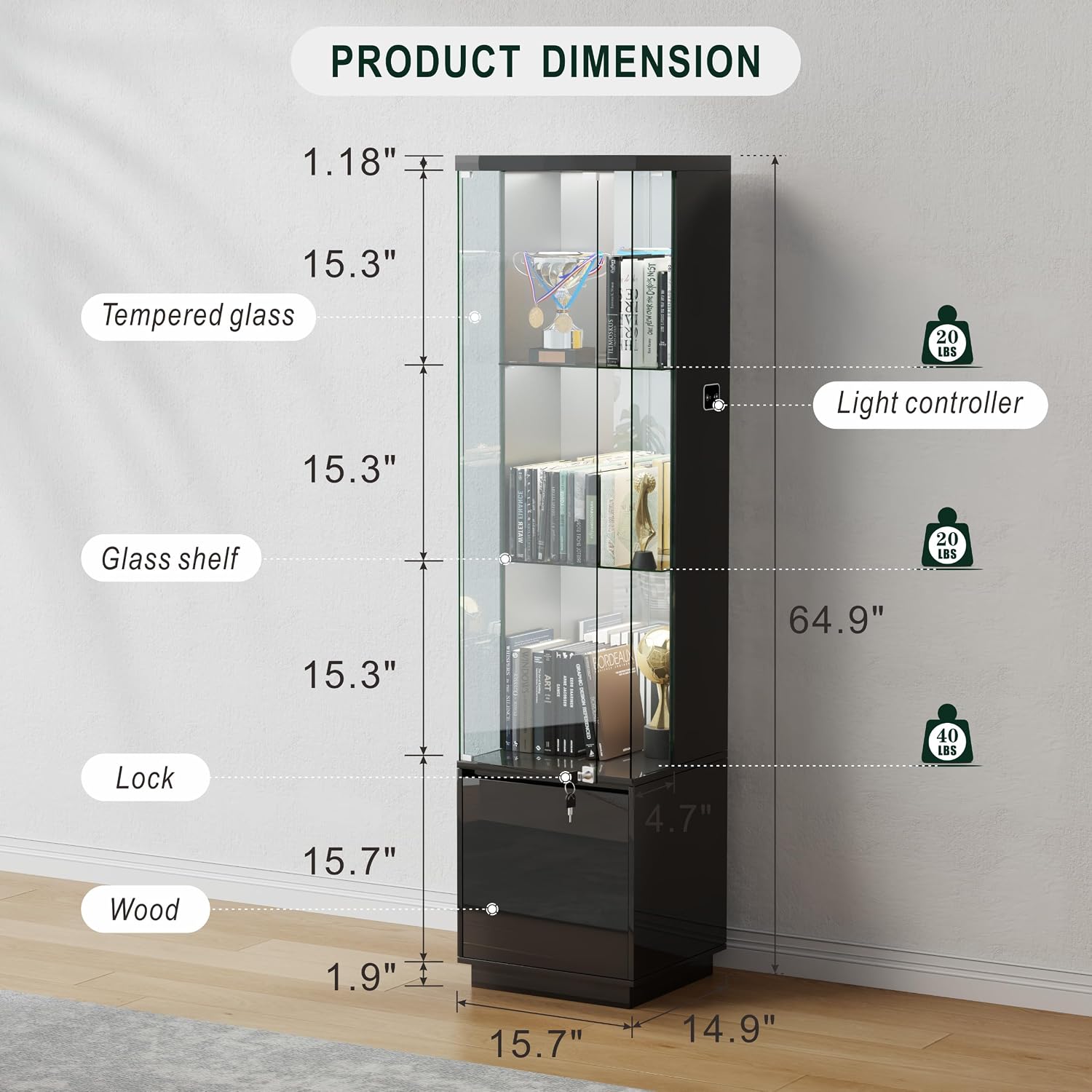Lvifur Lockable Curio Display Cabinet With Glass Door,65" Lighted Curio Cabinet With 3 Color Lights For Collectibles,3-Tier Glass Display Case With Human Body Sensor For Living Room,Black