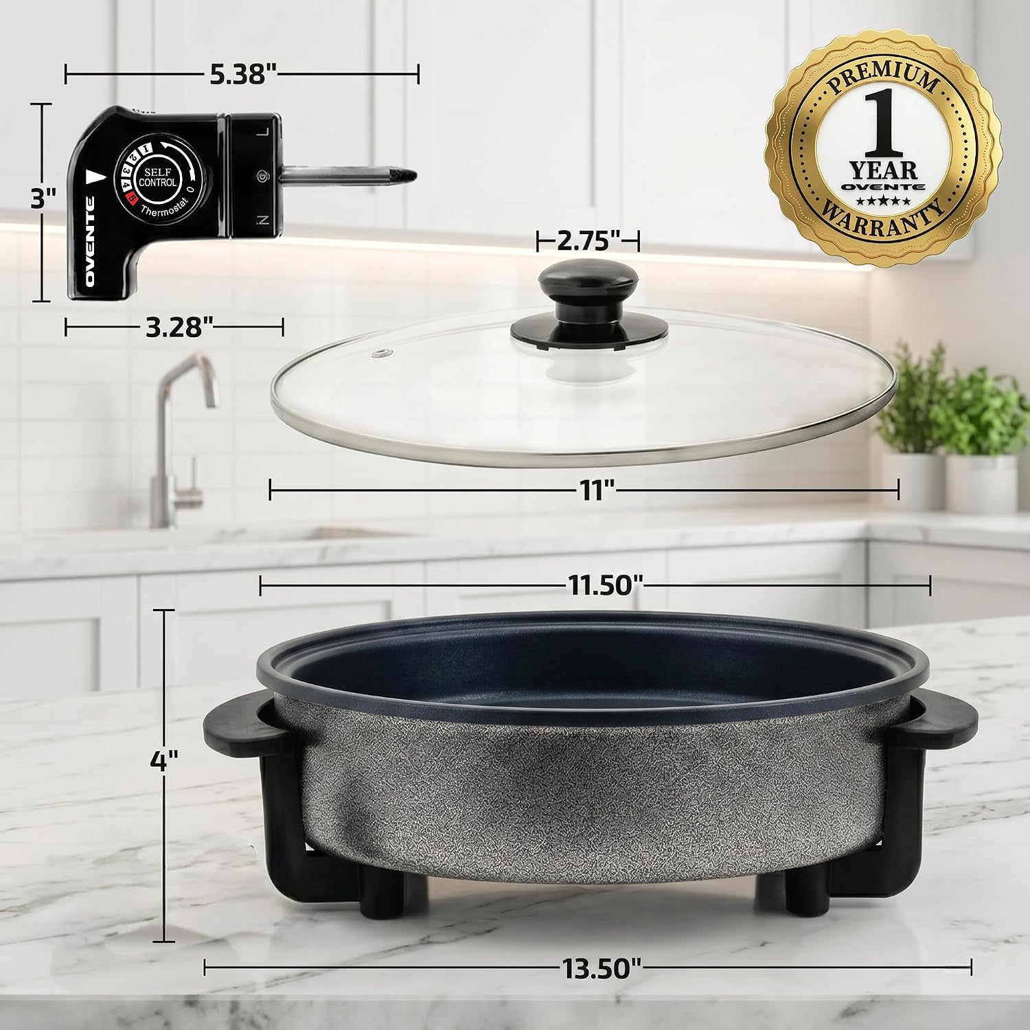 Ovente 11.5-Inch Electric Skillet & Frying Pan, 1400W Nonstick Cooking Pan With Adjustable Temperature Control, Tempered Glass Lid With Steam Vent, Cool-Touch Handles, Easy-Clean Black Sk11112B