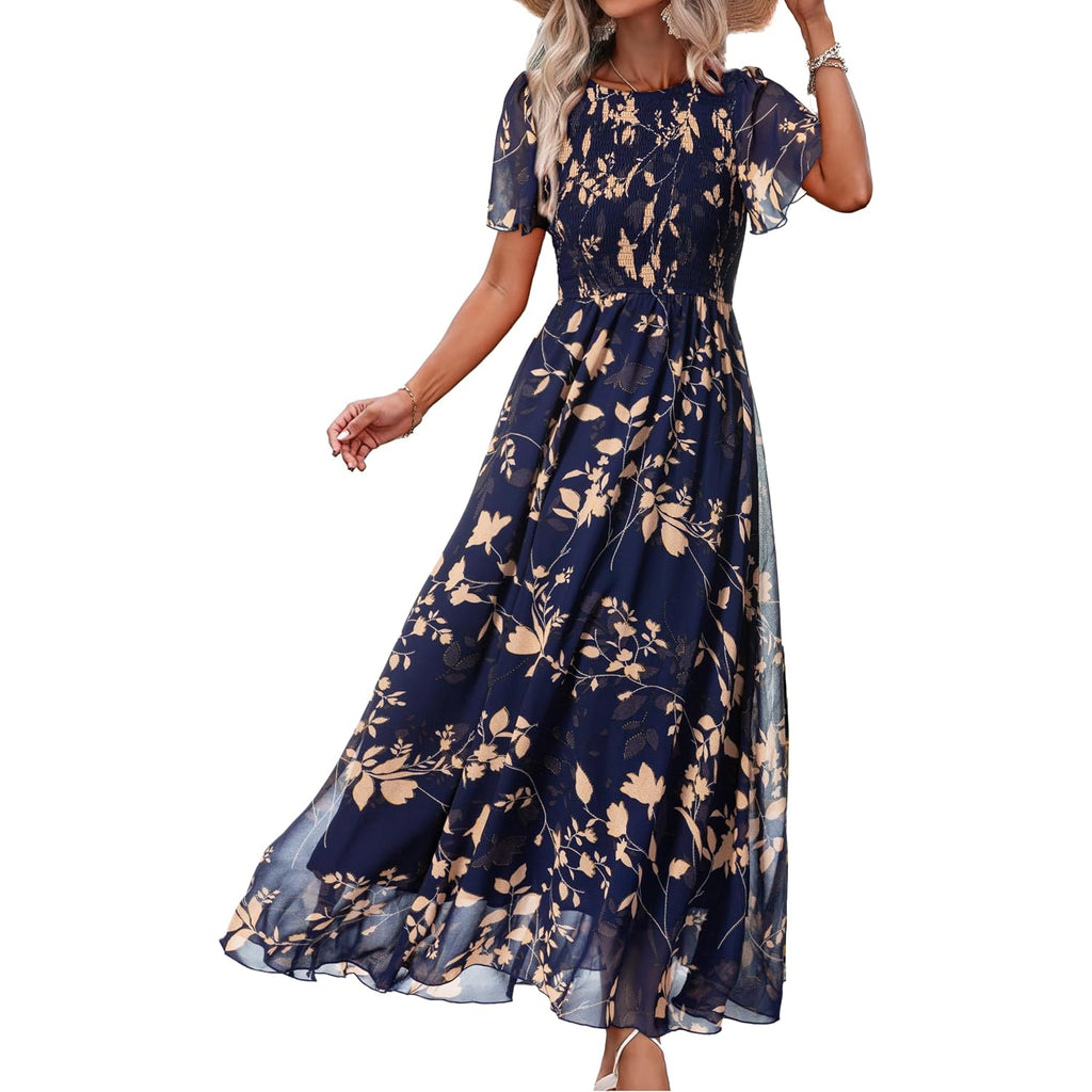 Simplee Womens Casual Floral Summer Maxi Dress 2026 Boho Flowy Short Sleeve Crew Neck Vacation Smocked Chiffon Dresses