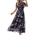 Simplee Womens Casual Floral Summer Maxi Dress 2026 Boho Flowy Short Sleeve Crew Neck Vacation Smocked Chiffon Dresses