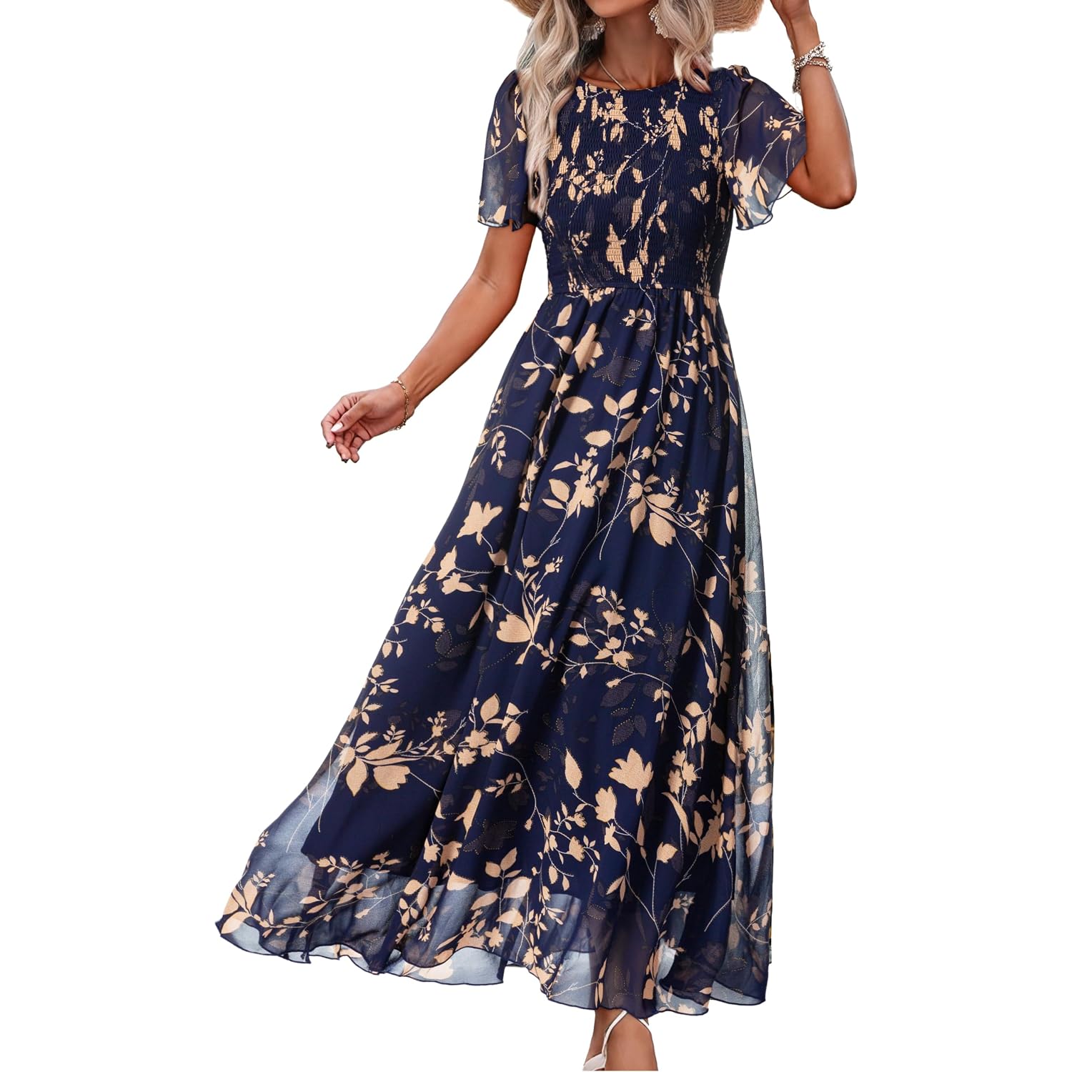 Simplee Womens Casual Floral Summer Maxi Dress 2026 Boho Flowy Short Sleeve Crew Neck Vacation Smocked Chiffon Dresses
