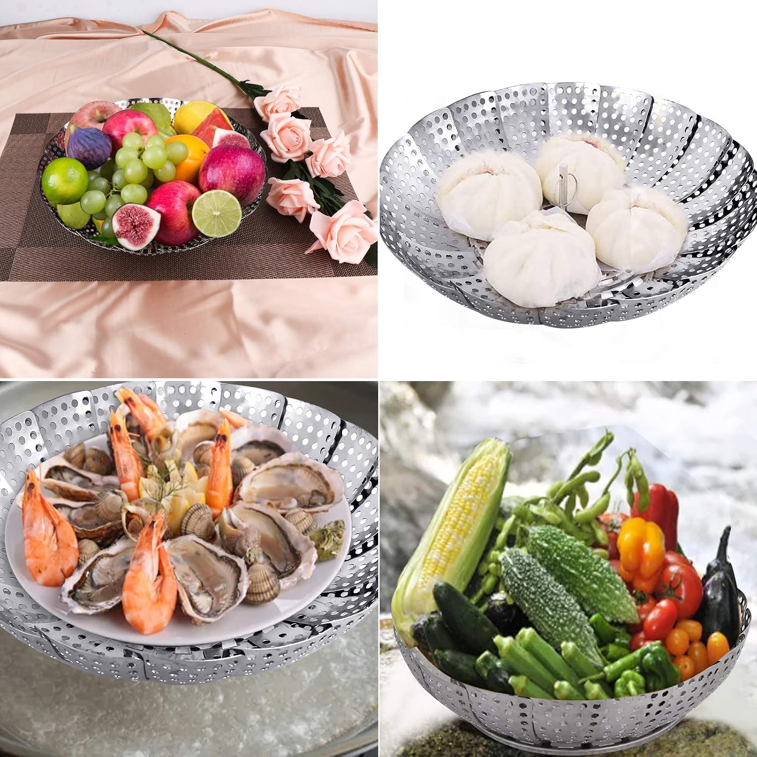 Veggie Vegetable Steamer Basket, Folding Steaming Basket, Metal Collapsible Stainless Steel Steamer Basket Insert, For Cooking Food, Expandable Fit Various Size Pot(5.3" To 8.6") Ylyl