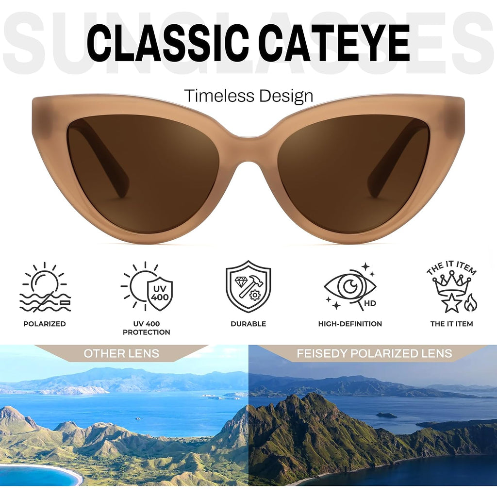 FEISEDY Cat eye Sunglasses with Polarized and UV400 Protection for Women, Retro Stylish for Driving Fishing and Party B0428 Champagne Frame + Tea Lens