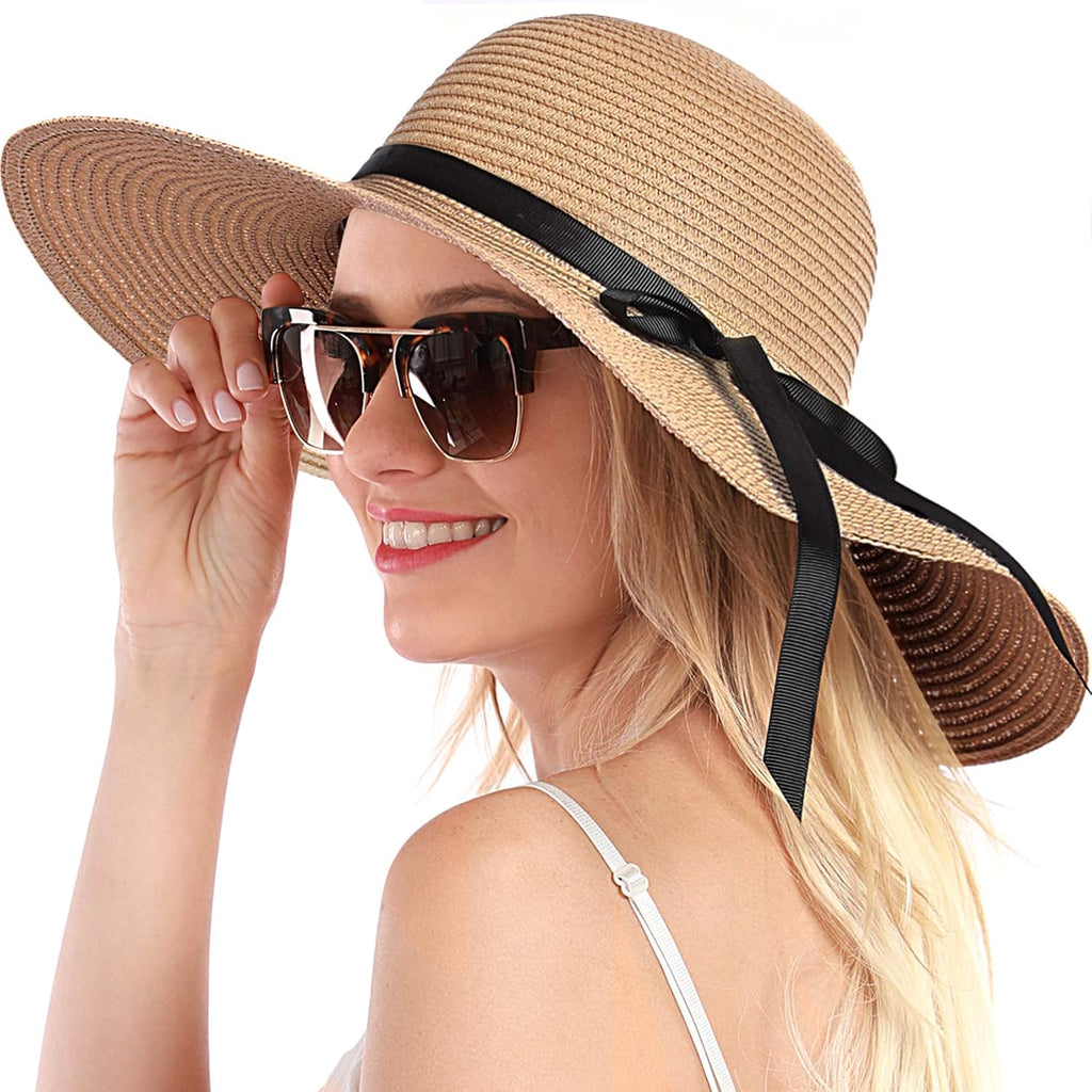 Double Couple Womens Straw Hat Wide Brim Floppy Beach Sun Hat for Women UPF 50+ Adjustable Strap Vacation