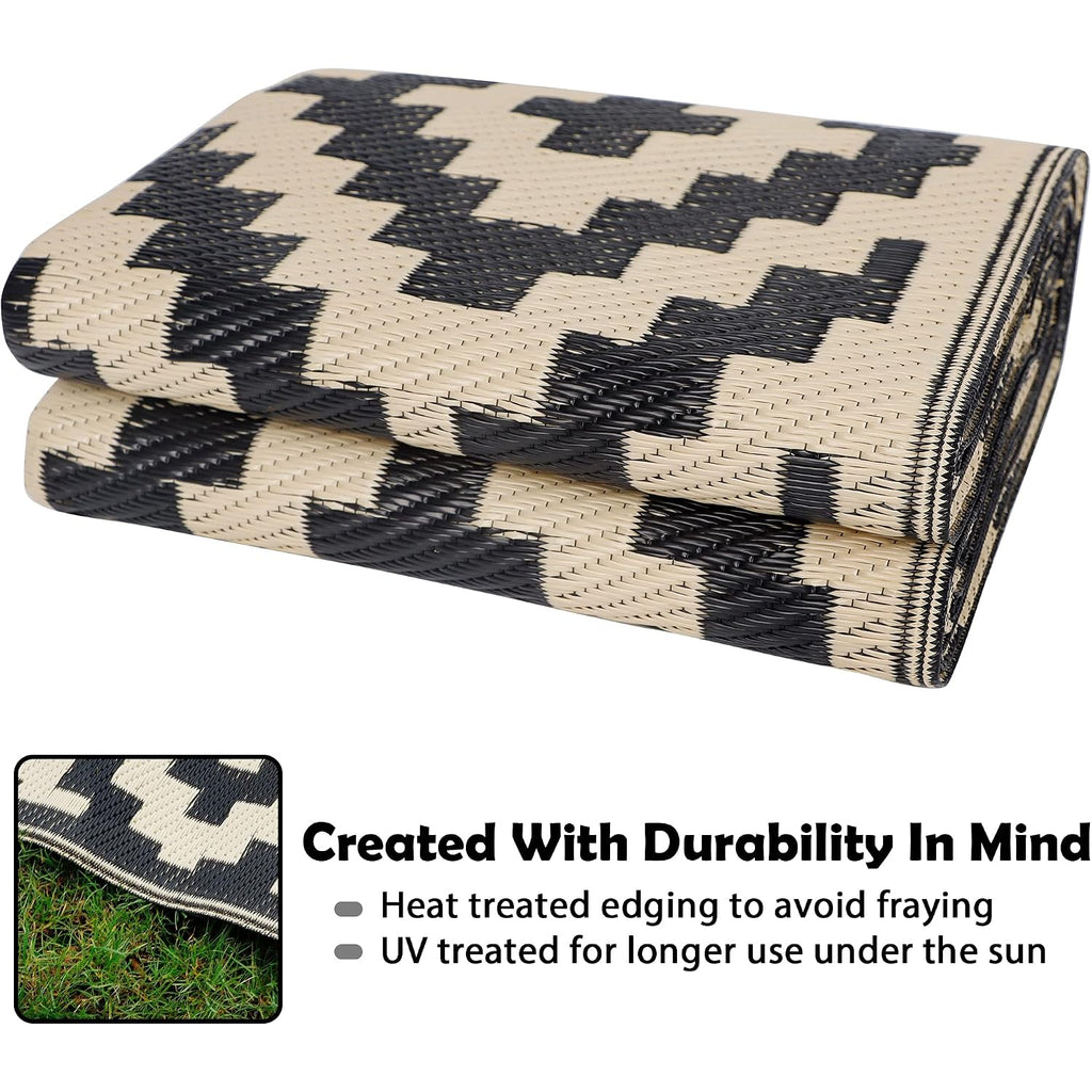 Waterproof Outdoor Rug 5X8 Ft, Plastic Reversible Rug, Modern Area Rug, Large Floor Mat For Outdoors, Rv, Patio, Backyard, Deck, Picnic, Beach, Camping, Black & Beige