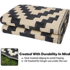 Waterproof Outdoor Rug 5X8 Ft, Plastic Reversible Rug, Modern Area Rug, Large Floor Mat For Outdoors, Rv, Patio, Backyard, Deck, Picnic, Beach, Camping, Black & Beige