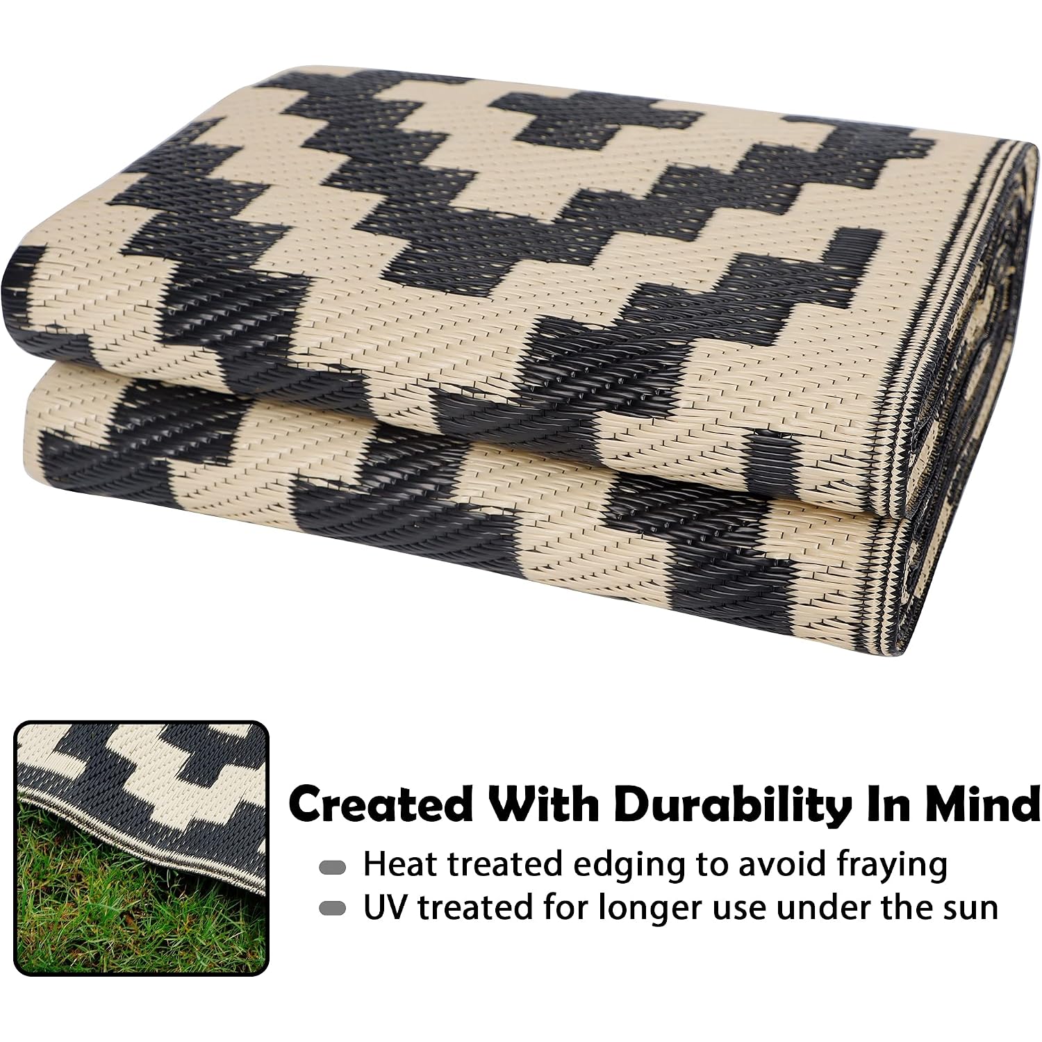 Waterproof Outdoor Rug 5X8 Ft, Plastic Reversible Rug, Modern Area Rug, Large Floor Mat For Outdoors, Rv, Patio, Backyard, Deck, Picnic, Beach, Camping, Black & Beige
