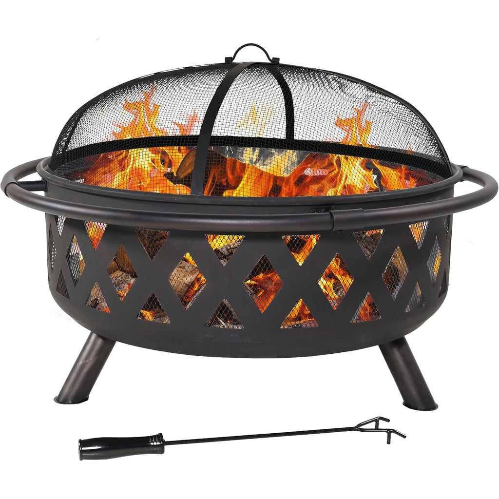 Sunnydaze Crossweave Large Outdoor Fire Pit, Wood Burning, Round, 36" | Black, Heavy Duty Steel Metal, Patio Fire Pit With Spark Screen, Poker, & Cover, Wood Firepit For Outside, Backyard, Or Deck