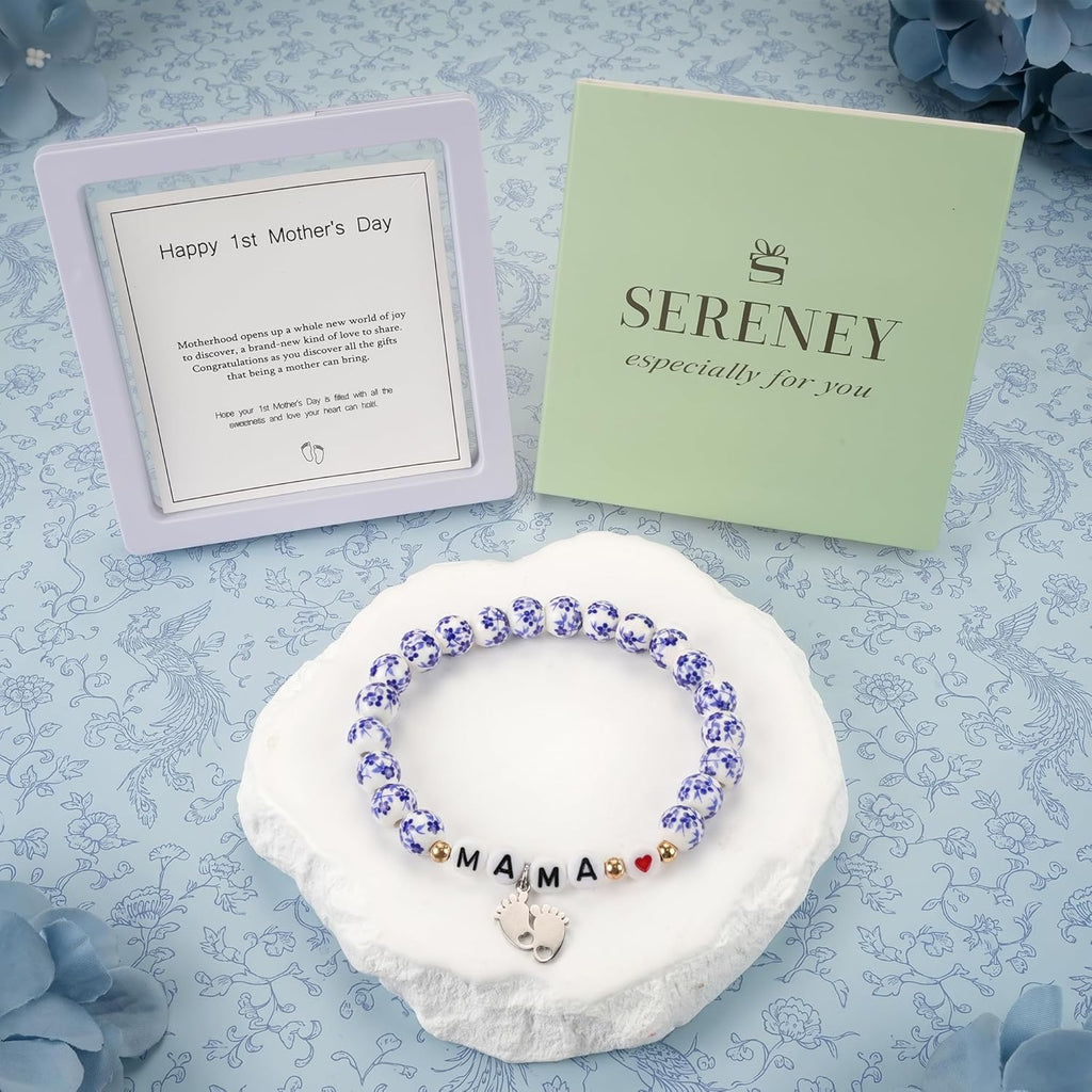 Sereney Mothers Day Gifts for Grandma/New Mom, Nana/New Mama/Mimi/Gigi Bracelets for Women as First Mothers Day Gifts for Mama Grandmother, Bule and White Porcelain Stretch Bead Bracelet for Nana Gigi Mimi