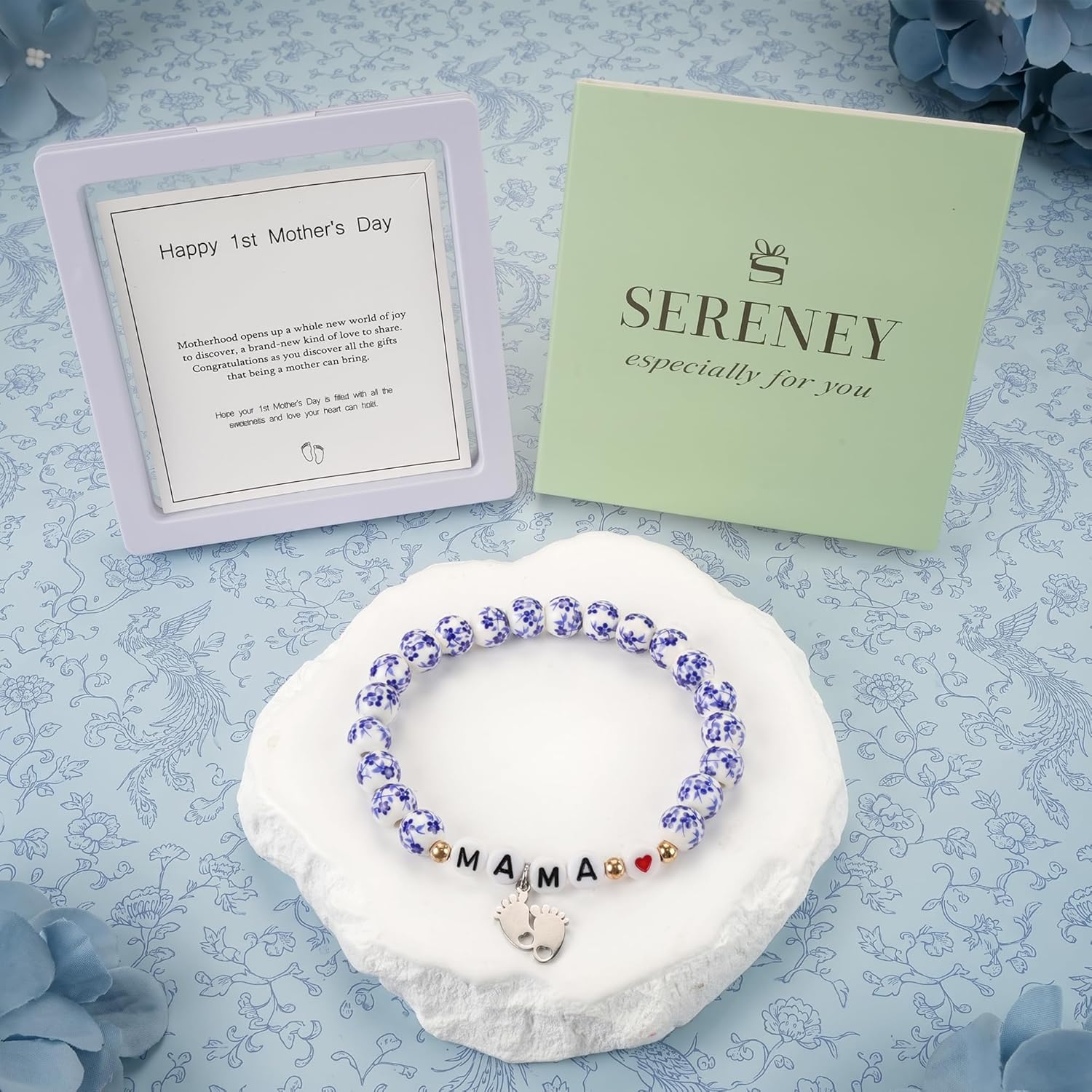 Sereney Mothers Day Gifts for Grandma/New Mom, Nana/New Mama/Mimi/Gigi Bracelets for Women as First Mothers Day Gifts for Mama Grandmother, Bule and White Porcelain Stretch Bead Bracelet for Nana Gigi Mimi