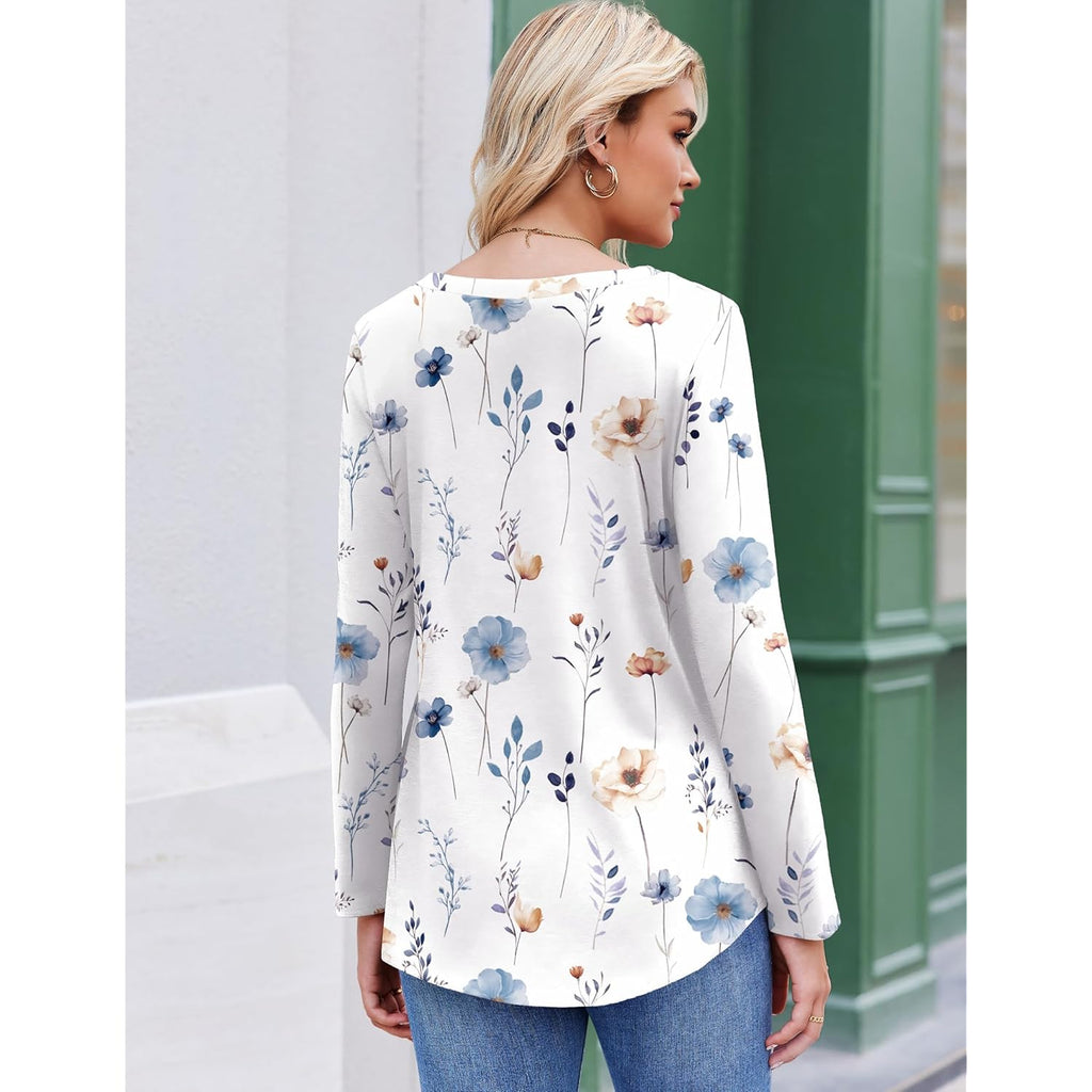 Womens Long Sleeve Tops V-Neck Loose Fit Shirts Pleated Print T-Shirts Dressy Casual 2026 Tunics