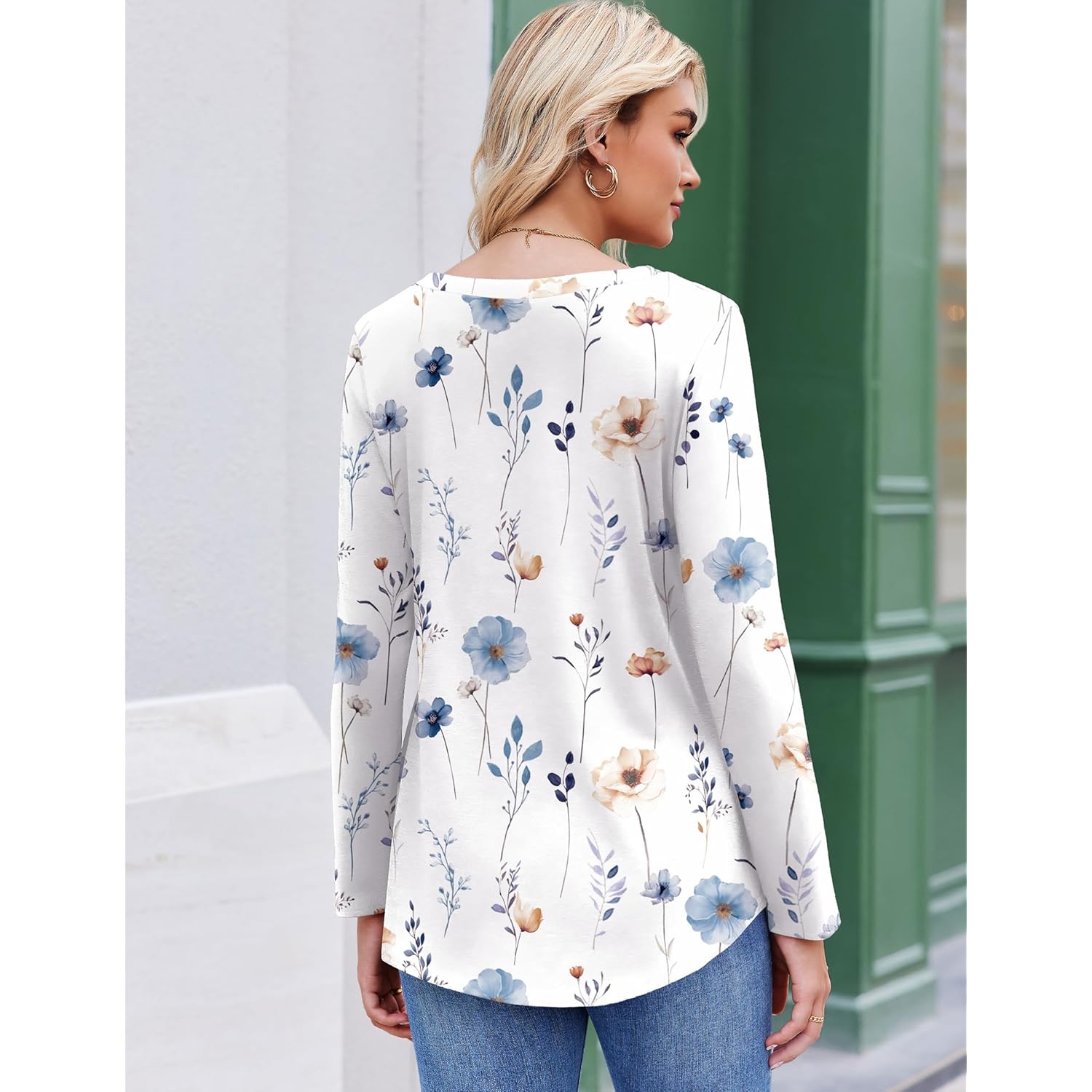 Womens Long Sleeve Tops V-Neck Loose Fit Shirts Pleated Print T-Shirts Dressy Casual 2026 Tunics