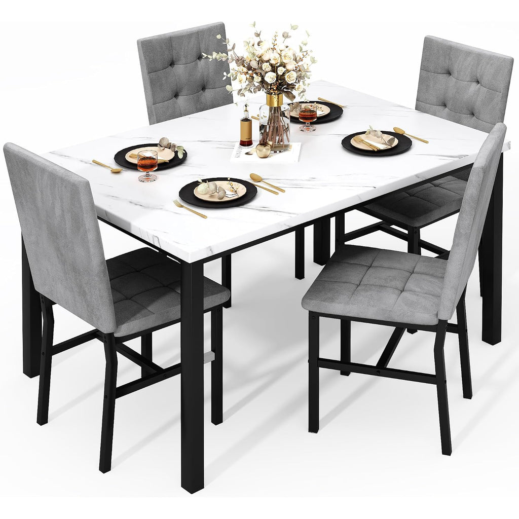 Awqm Dining Table Set For 4,Faux Marble Kitchen Table And Chairs Set Of 4, Modern Dining Room Set For 4,Dinner Table Set With Velvet Chairs, Dining Set For Small Spaces,White & Grey