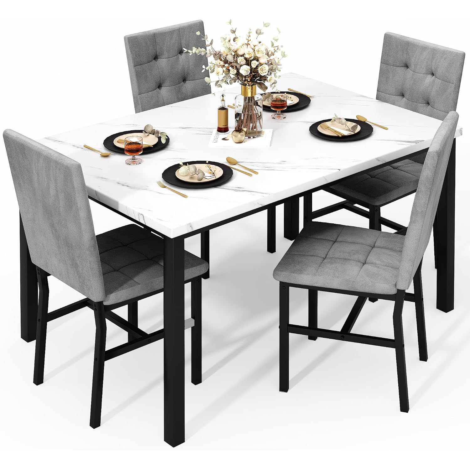 Awqm Dining Table Set For 4,Faux Marble Kitchen Table And Chairs Set Of 4, Modern Dining Room Set For 4,Dinner Table Set With Velvet Chairs, Dining Set For Small Spaces,White & Grey