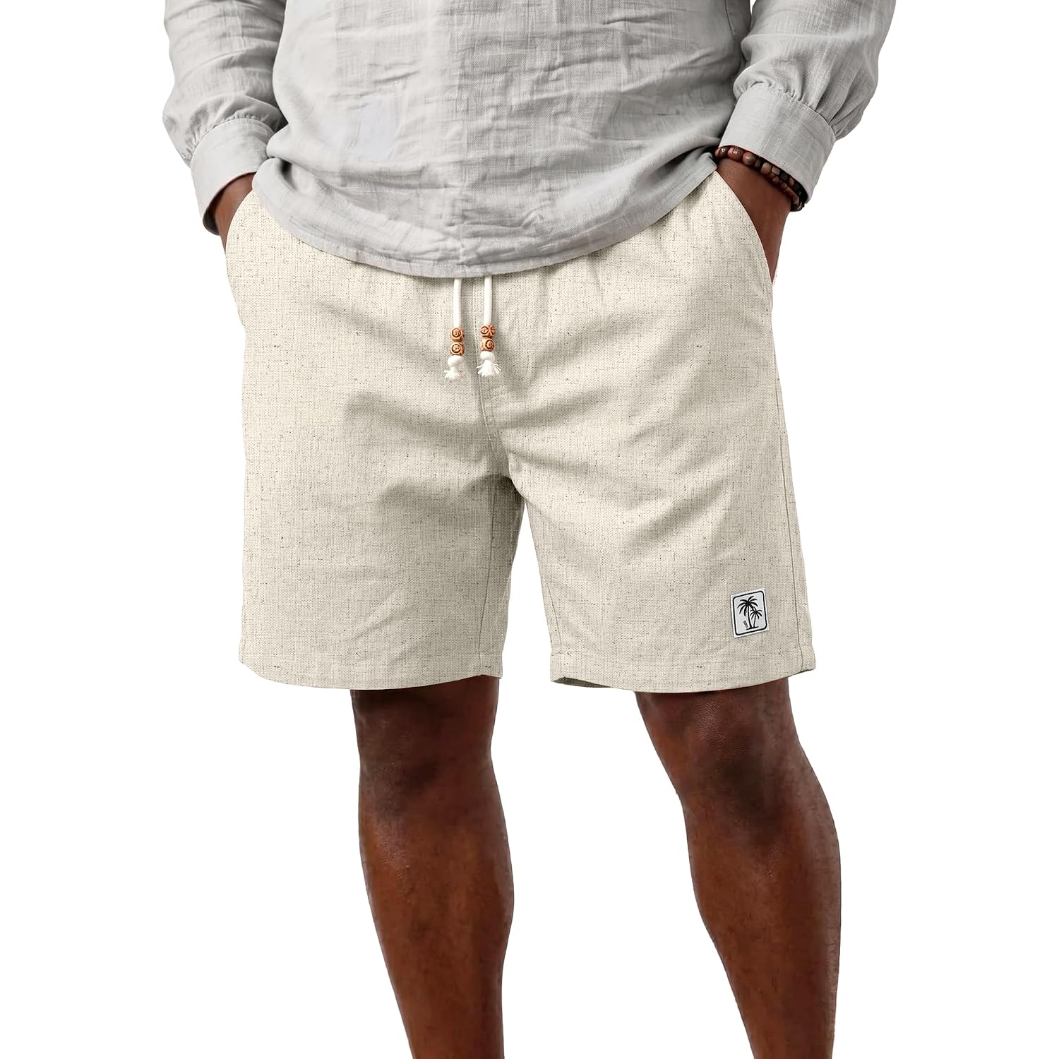 Jemldl Mens Cotton Linen Shorts 7 Inch Elastic Waist Drawstring Casual Vacation Summer Beach Golf Shorts With Pockets