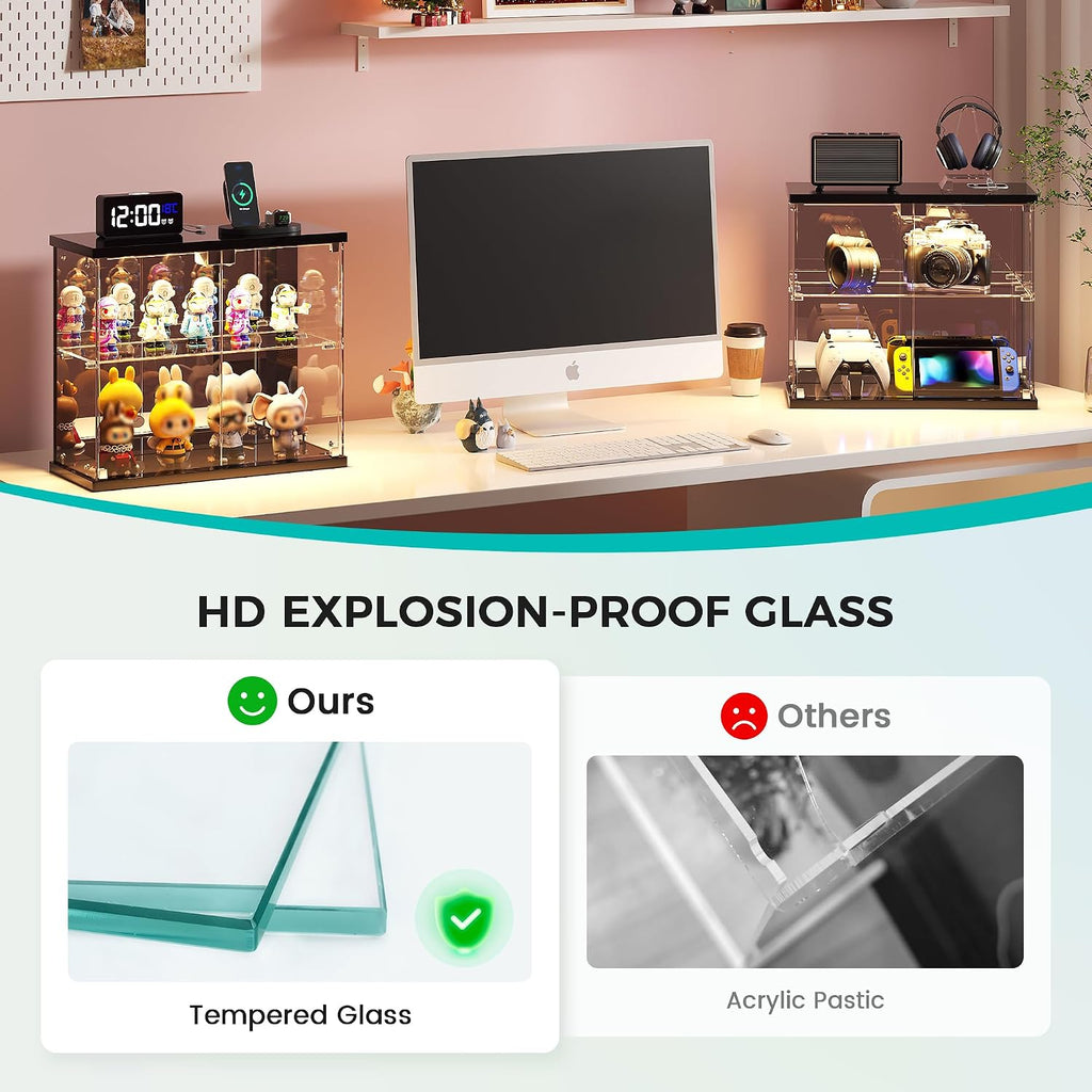 Dystler Glass Display Case With Led Lights, Small 2-Tier For Figures | Lighted Display Cabinet With Motion Sensor, Clear Tempered Glass Door, Usb-C Charging Hub For Collectibles, Rocks, Tabletop