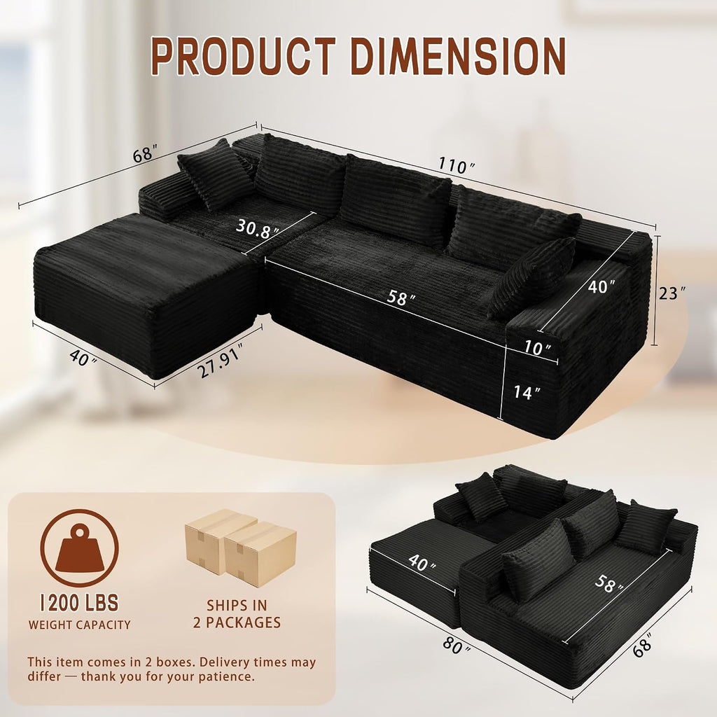 Korser 108" L-Shaped Modular Sectional Sofa With Chaise, Boneless Comfy Corduroy Fluffy Couch With Deep Seat And Side Pockets, Flexible Module Combination For Living Room, No Assembly, Side Pockets