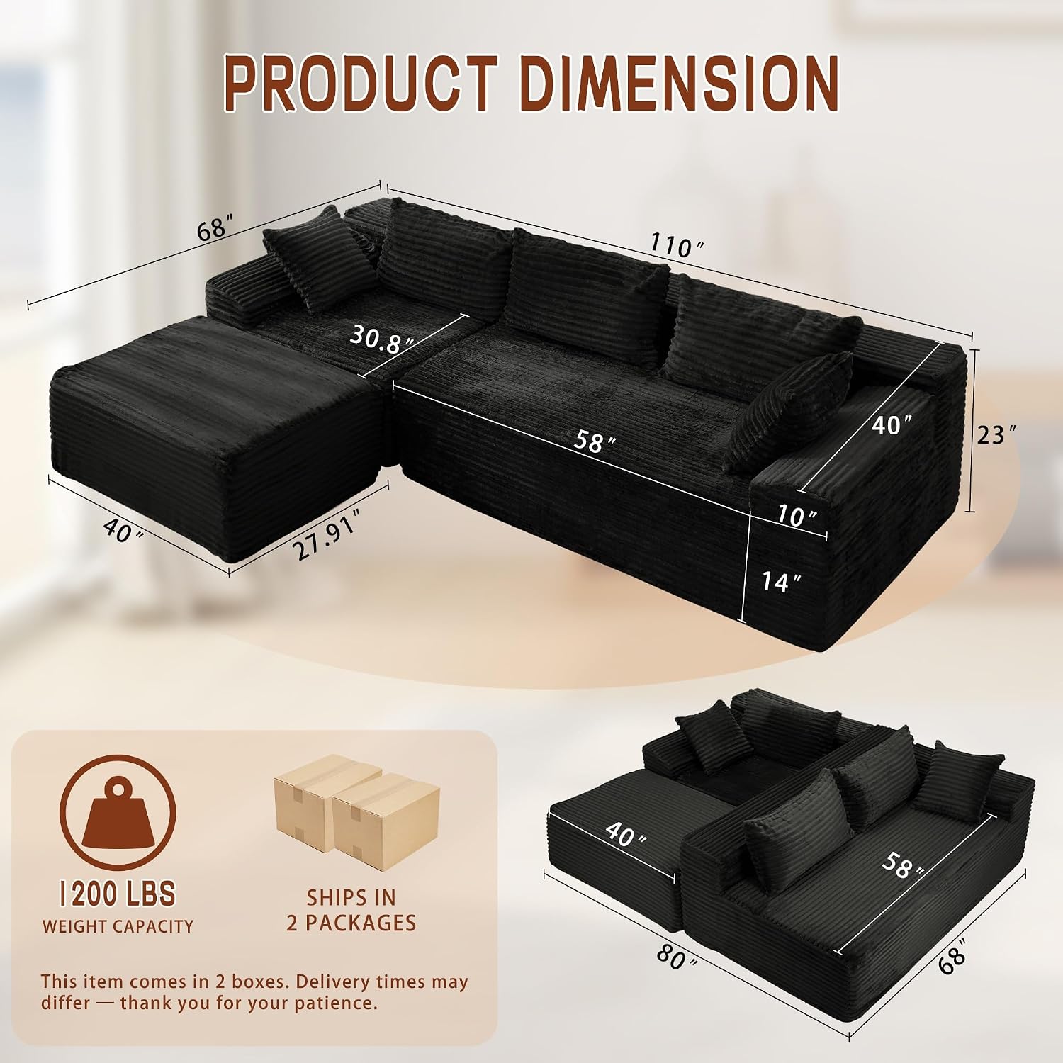 Korser 108" L-Shaped Modular Sectional Sofa With Chaise, Boneless Comfy Corduroy Fluffy Couch With Deep Seat And Side Pockets, Flexible Module Combination For Living Room, No Assembly, Side Pockets