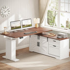 Sedeta Farmhouse L Shaped Standing Desk, 55 Inch Height Adjustable Corner Desk With Storage Drawers, Standing Computer Desks With Power Outlets For Home Office, White