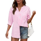 Lomon Cotton 3/4 Sleeve Button Down Shirts For Women Gingham Plaid Striped Tops V Neck Casual Loose Blouse