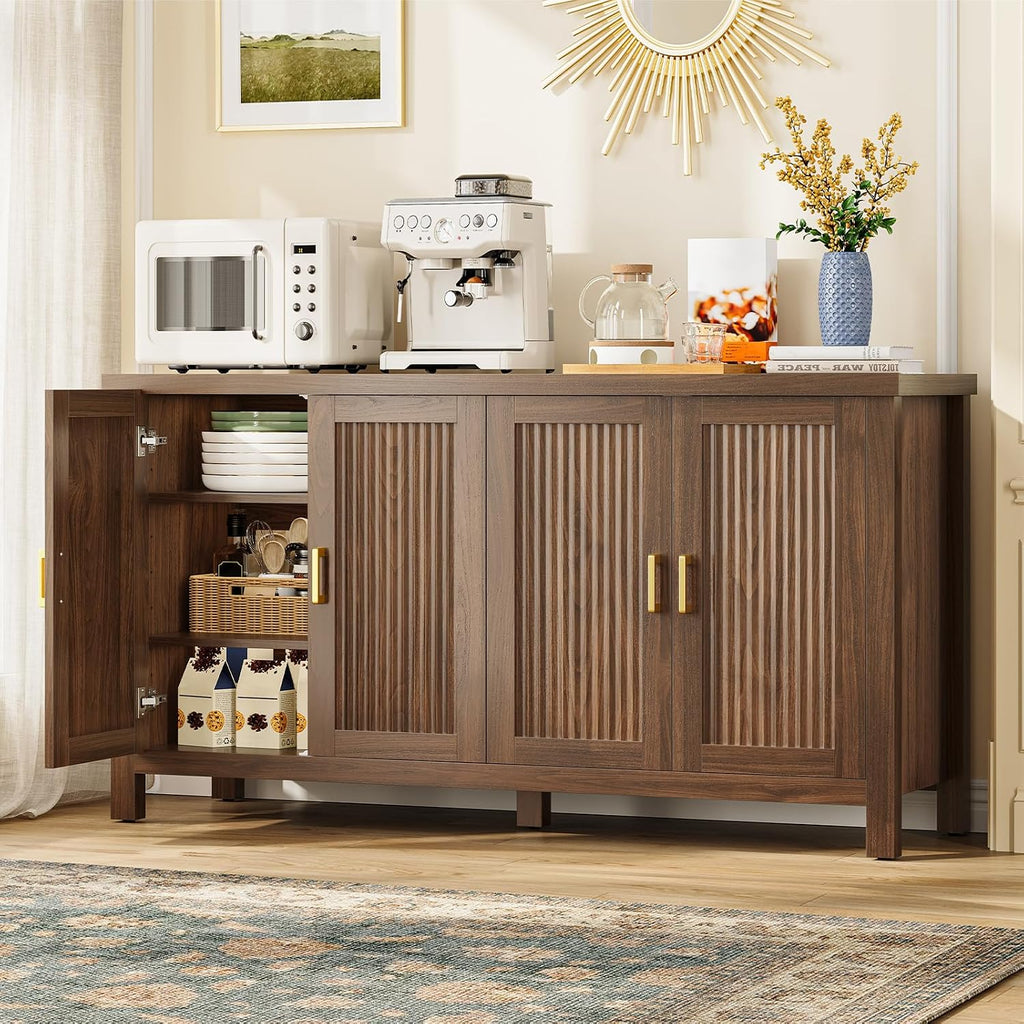 Buffet Cabinet With Storage, 55" Fluted Sideboard Cabinet With 4 Adjustable Shelves, Modern Coffee Bar With 4 Doors, Coffee Bar Cabinet For Kitchen, Living Room, Walnut