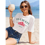 FRYAID Hawaii Sheer Shirt Women Beach Tank Top Los Angeles Graphic T-Shirt Casual Summer Shirts Vacation Tourist Beach Tee White