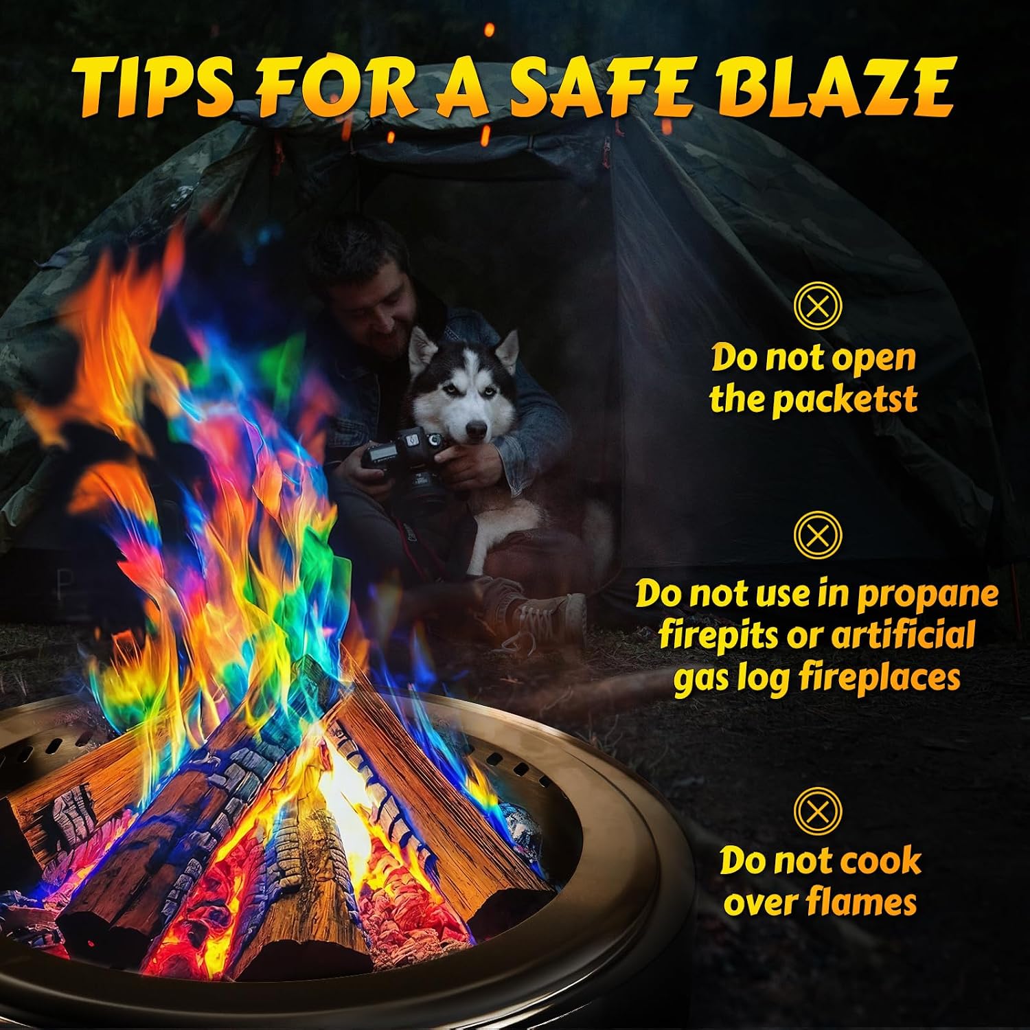 Hgd (6 Pack) Magic Campfire Fire Color Changing Packets For Fire Pit, Indoor/Outdoor Fireplace, Bonfire - Rainbow Magical Flame, Camping Accessory, Compatible With Wood