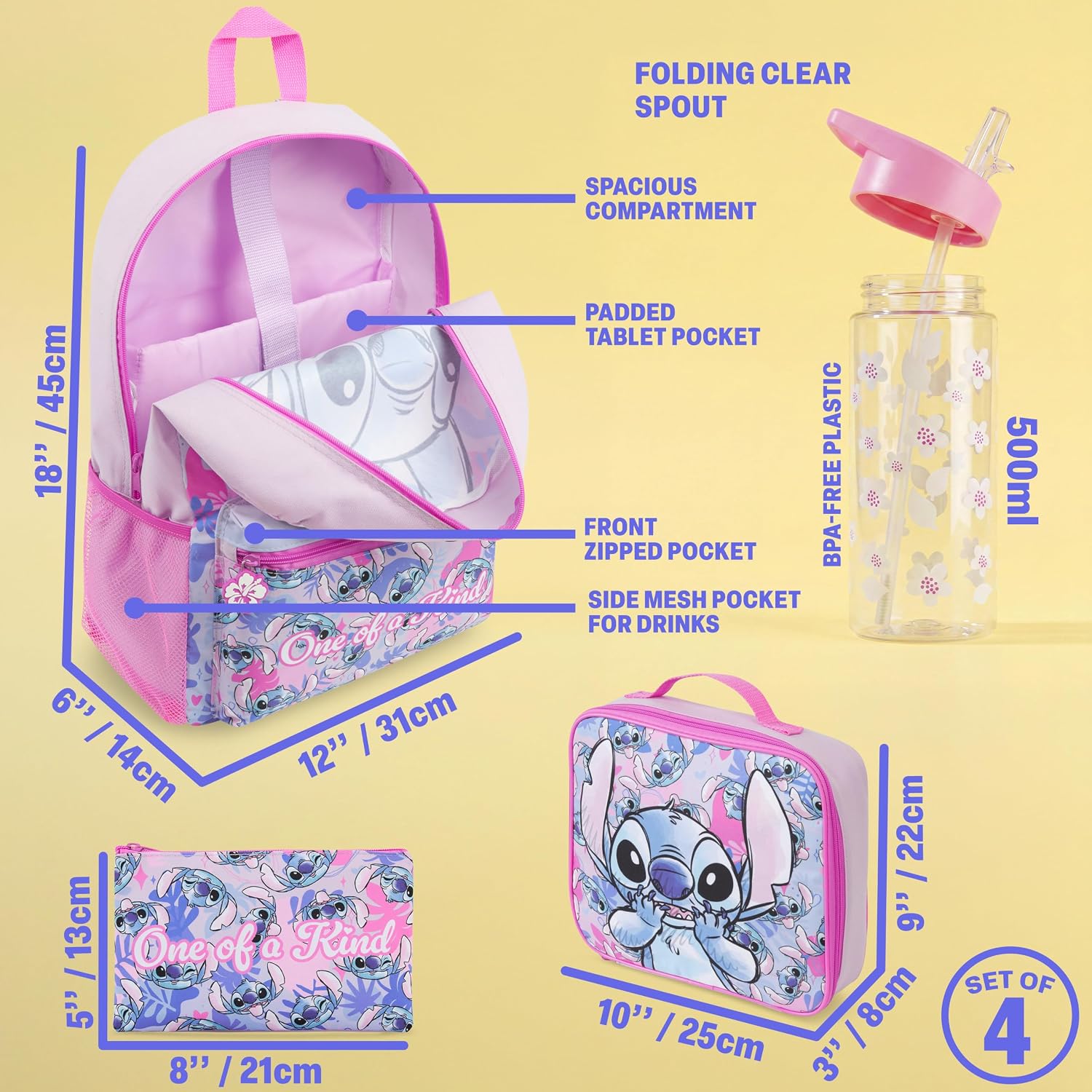 Get Trend Disney Stitch Kids Backpack 4 Piece Set | 18 Inch Bookbag, Insulated Lunch Bag, Zipped Pencil Case & Bpa-Free Water Bottle For School & Travel, Gifts For Girls