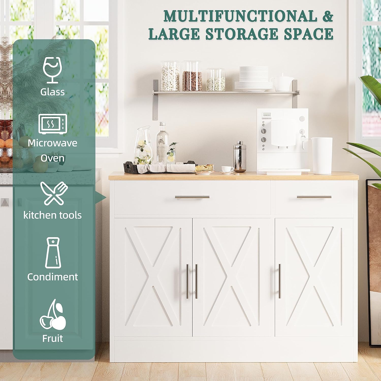 Shintenchi Modern Farmhouse Sideboard Buffet Cabinet With Storage With 3 Doors,42" Barn Doors Buffet Cabinet With Storage, Wood Coffee Bar Cabinets With Adjustable Shelf For Kitchen Living Room,White