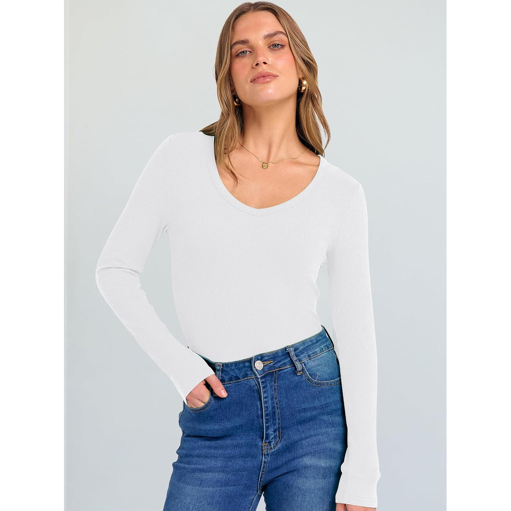 Anrabess Long Sleeve V Neck Shirts For Women | Soft Comfy Ribbed Knit Fitted Tshirts, Casual Going Out Tops, 2026 Trendy Basic, Fall Winter Underscrub Layering Clothes
