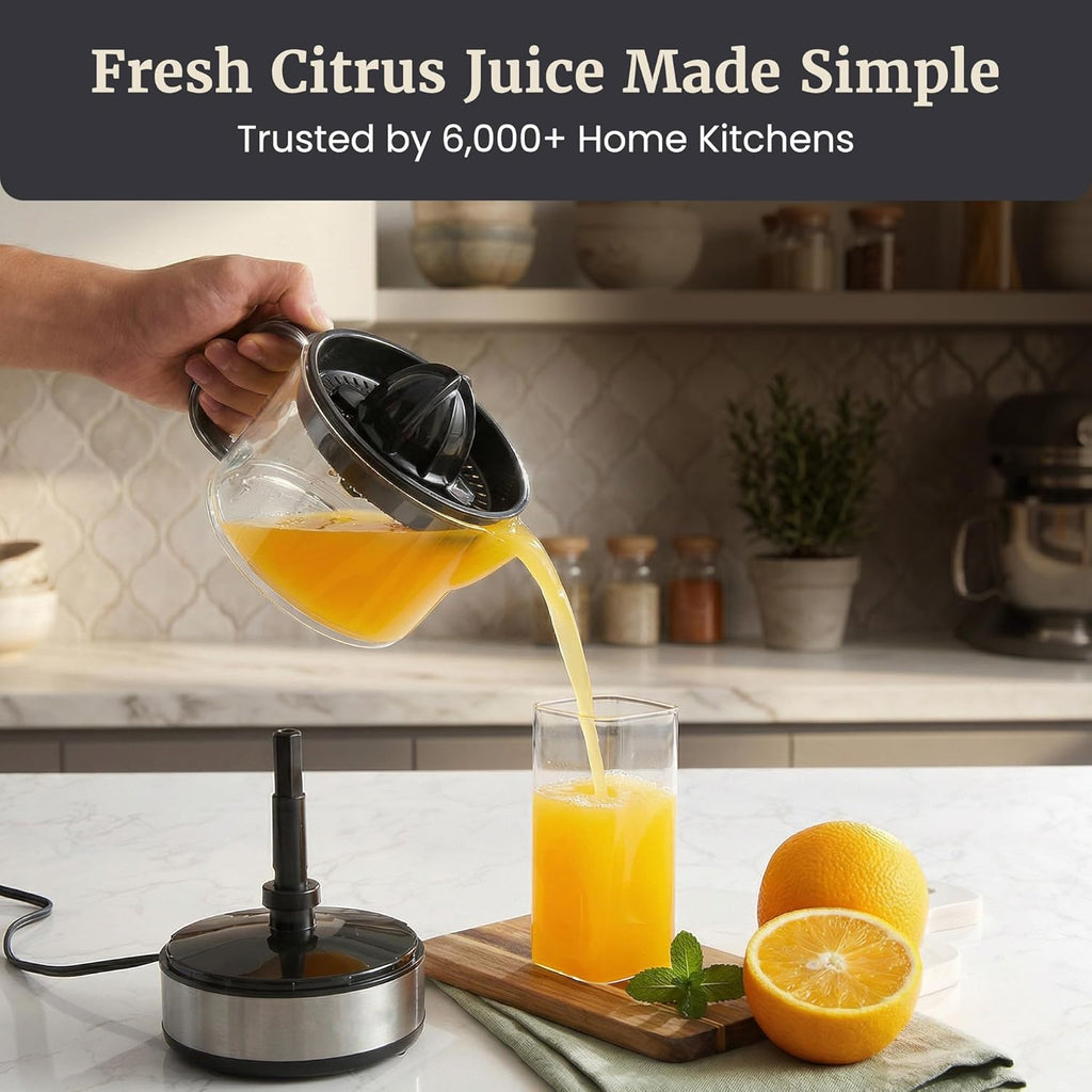 Elite Gourmet ETS623 BPA-Free 40-Watt Electric Citrus Juicer, Compact, Large Volume, Pulp Control, Oranges, Lemons, Limes, Grapefruits with Easy Pour Spout, 24oz, Black/Stainless Steel