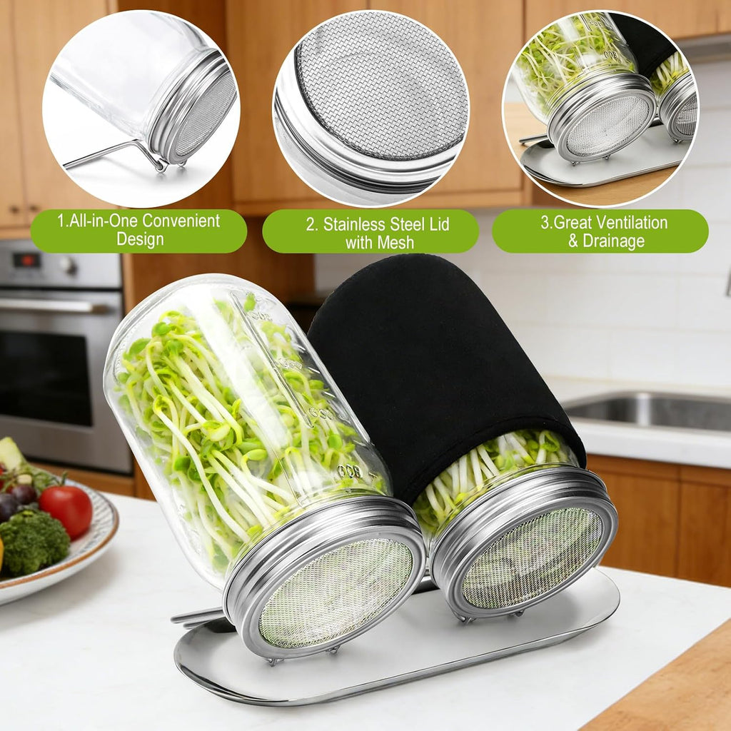 Palksky Sprouting Lids For Wide Mouth Mason Jars, 2Pack Reusable Stainless Steel Screen Bean Sprouts Growing Lid For Organic Alfalfa Broccoli Seeds Mung Bean Plant Germination Kits