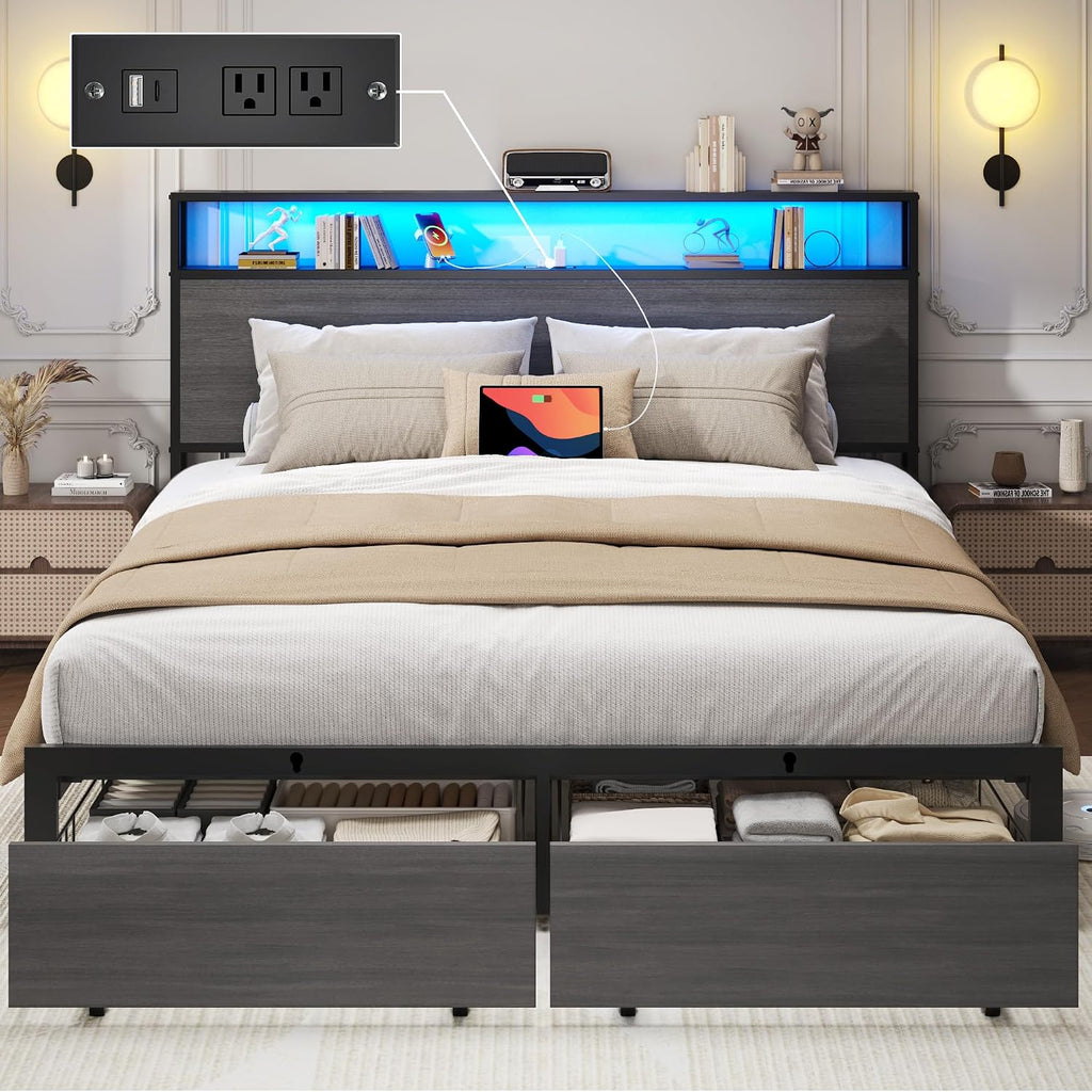 Lifezone Queen Bed Frame With 2-Tier Storage Headboard, Bedroom Metal Bed Frame With 2 Storage Drawers & Fast-Charging Station & Led, Noise-Free, No Box Spring Needed, Easy Assembly, Rustic Grey