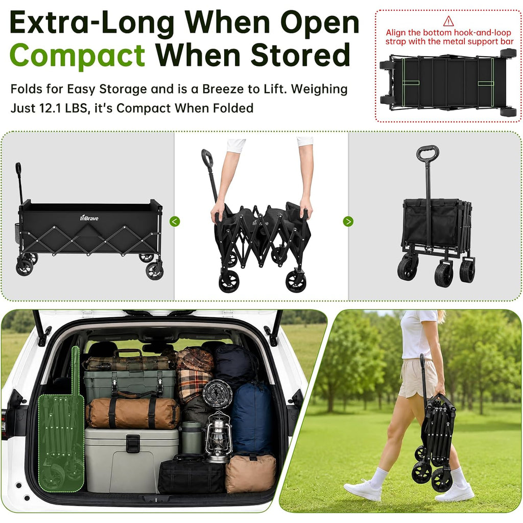 Extra Long Collapsible Wagon Cart, 360Lbs Heavy Duty Utility Wagons With All-Terrain Wheels, Foldable Grocery Carts For Gardening, Shopping, Beach, Camping, Black