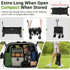 Extra Long Collapsible Wagon Cart, 360Lbs Heavy Duty Utility Wagons With All-Terrain Wheels, Foldable Grocery Carts For Gardening, Shopping, Beach, Camping, Black