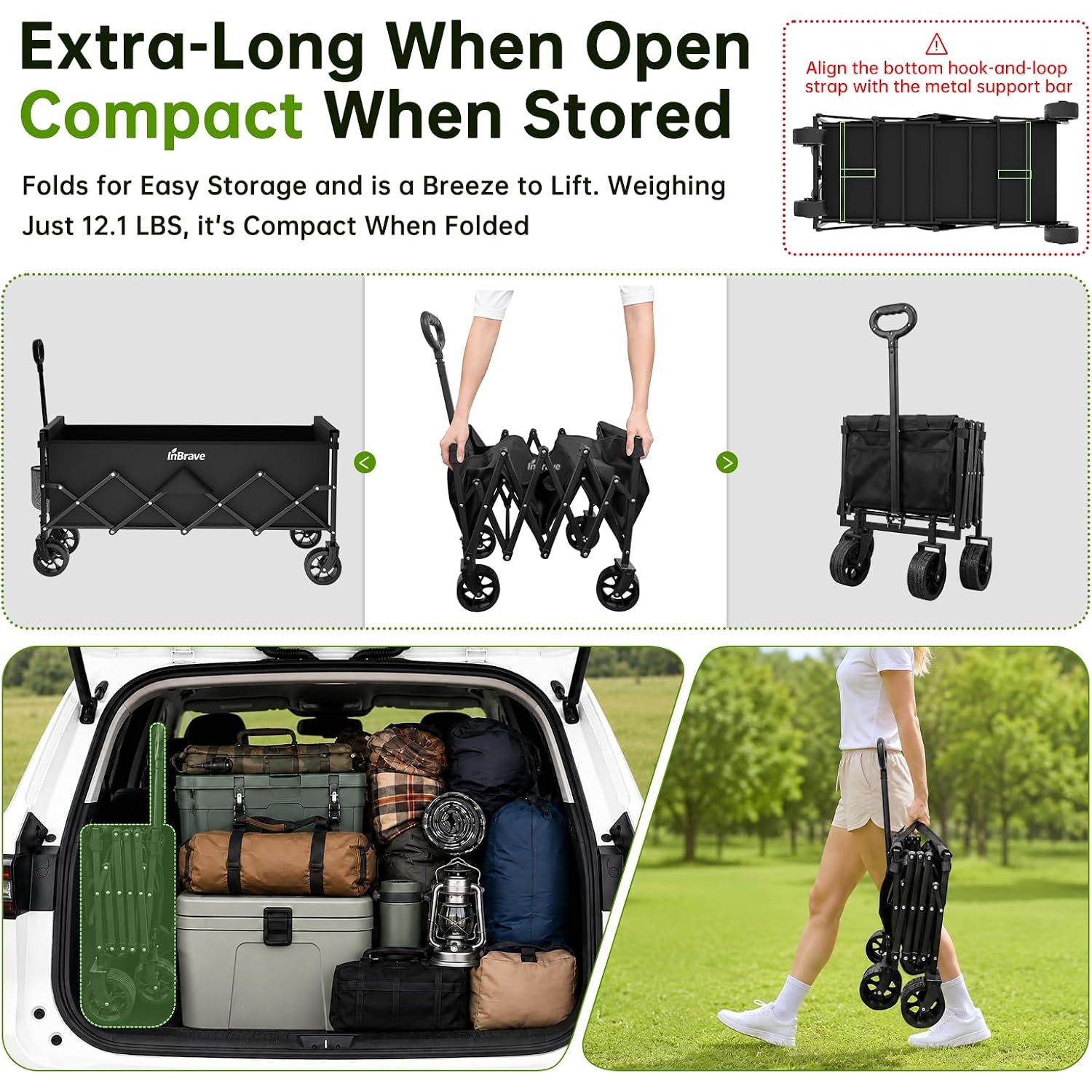 Extra Long Collapsible Wagon Cart, 360Lbs Heavy Duty Utility Wagons With All-Terrain Wheels, Foldable Grocery Carts For Gardening, Shopping, Beach, Camping, Black